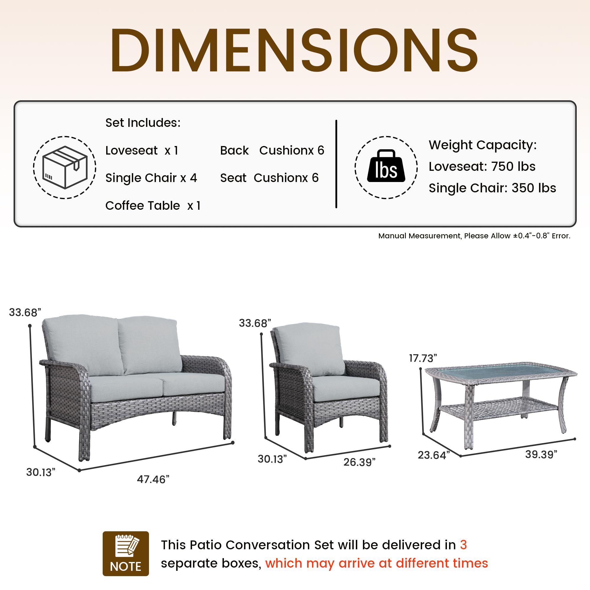 Ovios 6-Piece Wicker Patio Furniture Set, All-Weather Rattan Conversation Bistro Loveseat Chair and Table Set for Backyard