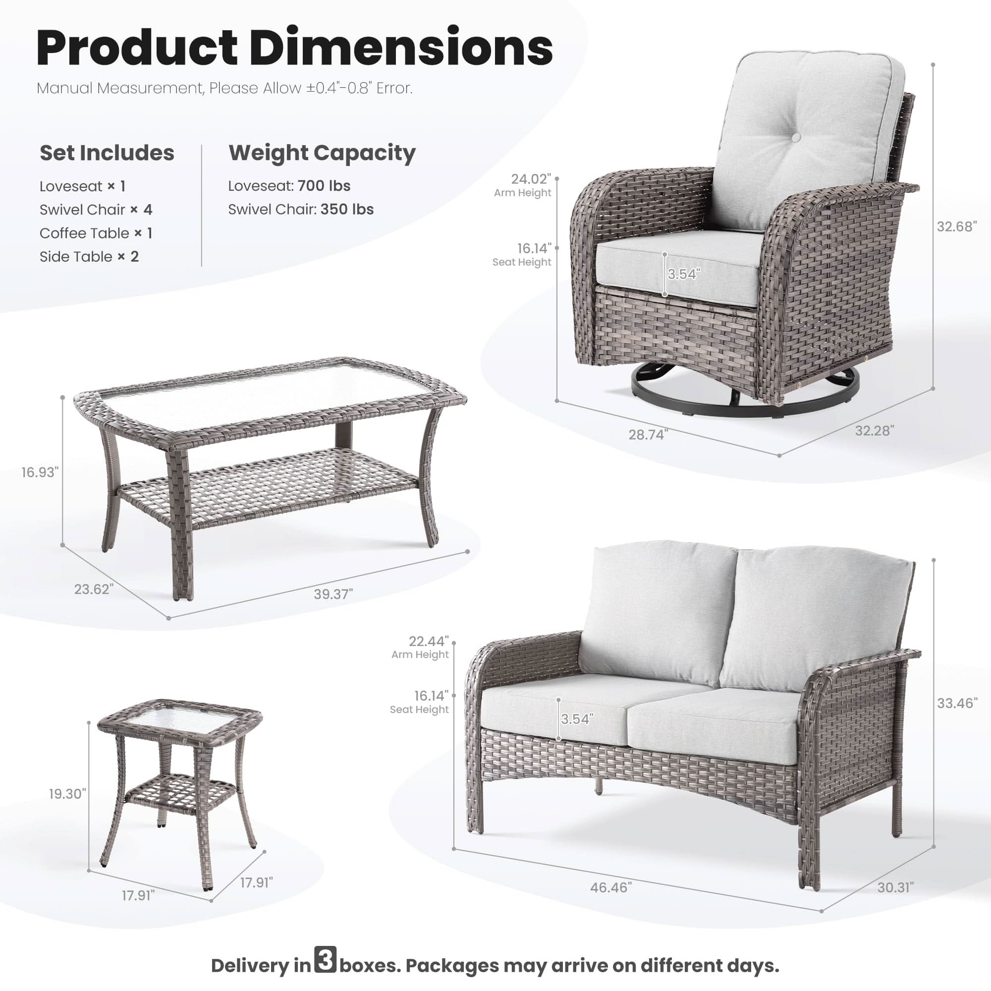 OVIOS Patio Furniture Set dimensions diagram: Loveseat, swivel chairs, coffee and side tables, gray wicker.