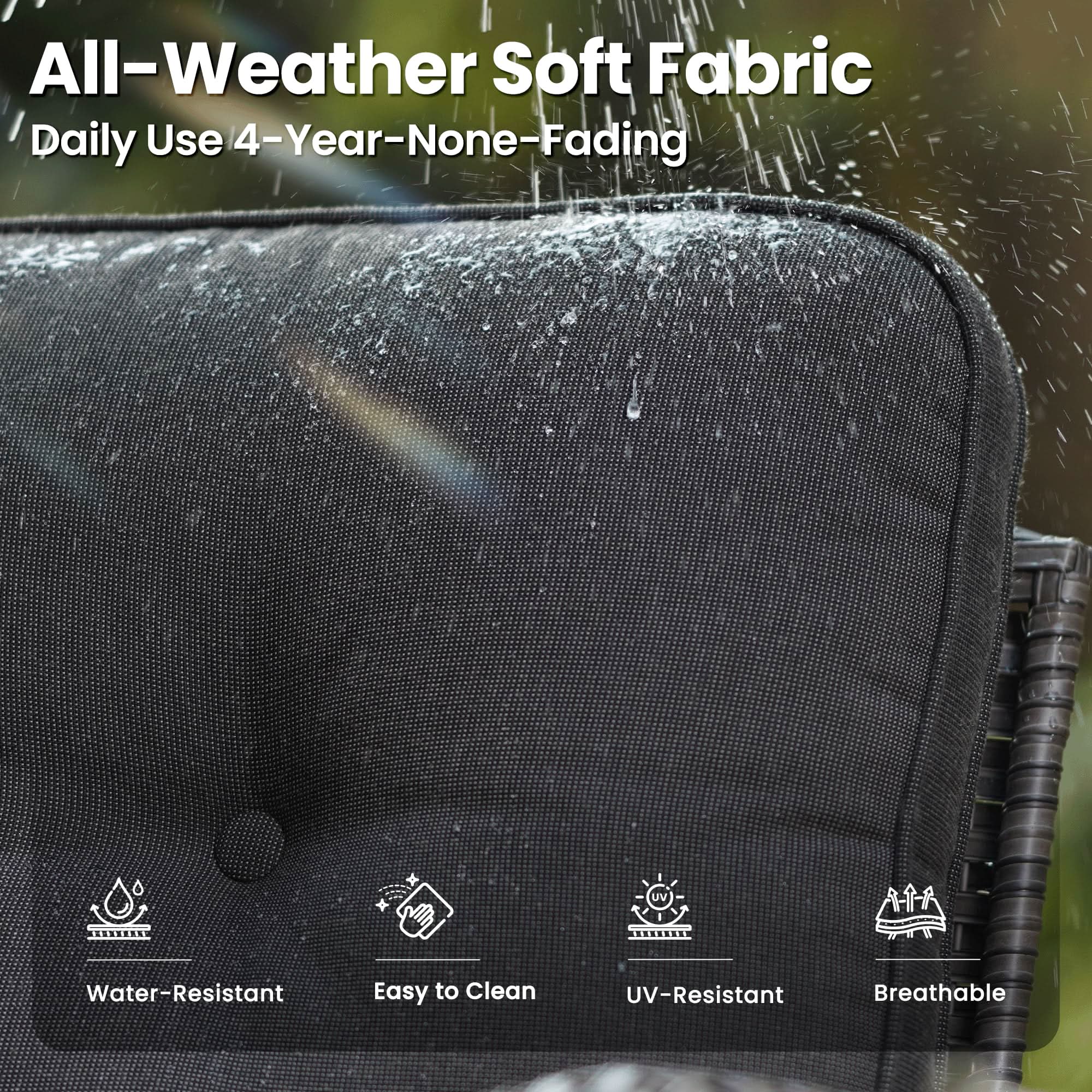 OVIOS patio furniture detail: All-weather black fabric, water-resistant, UV-resistant, breathable.