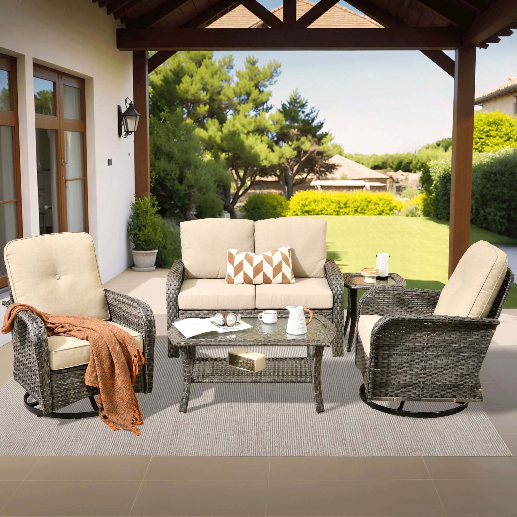 OVIOS 5-piece outdoor patio set with swivel chairs, gray wicker and beige cushions
