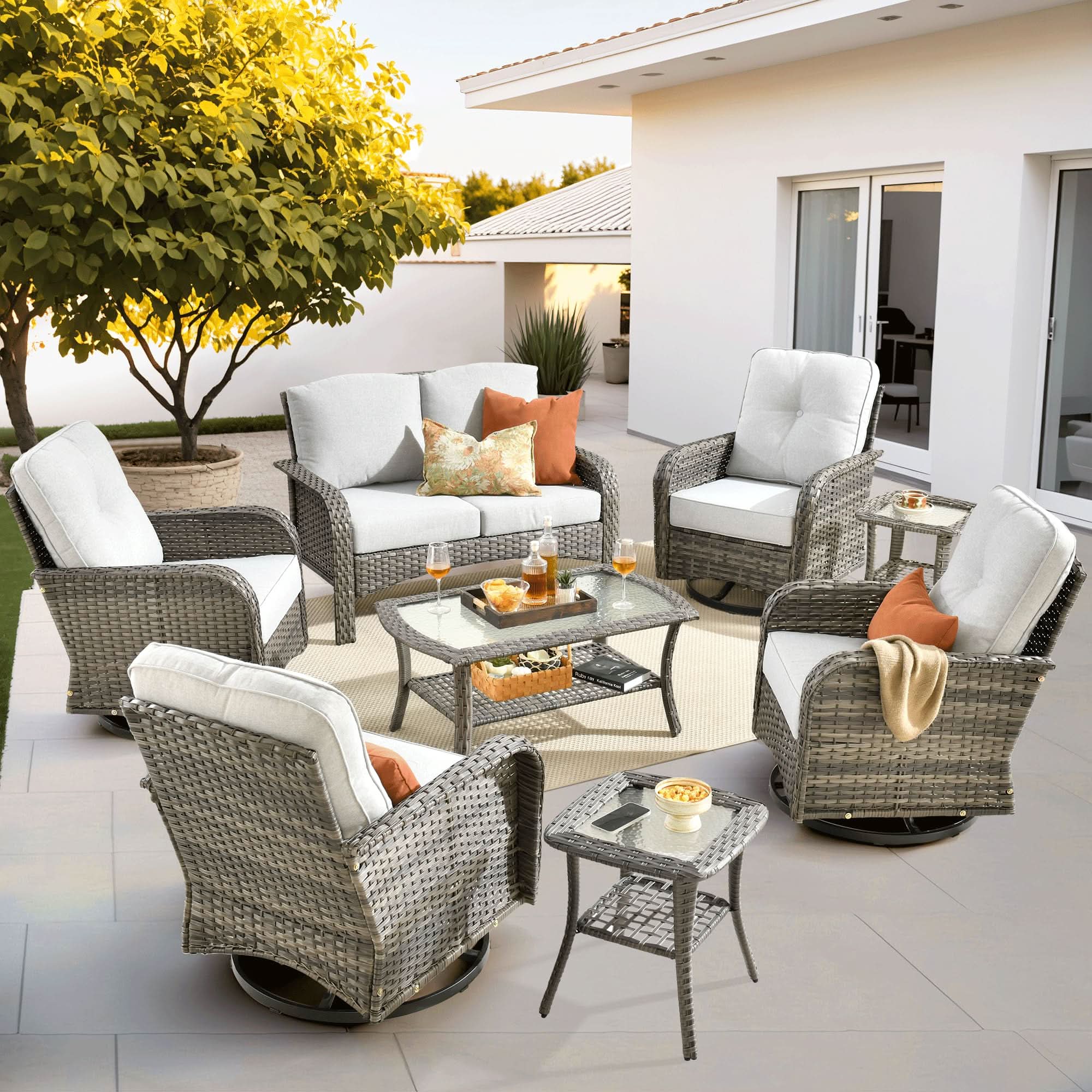 OVIOS 8-Piece Patio Furniture Set with gray wicker and swivel chairs, outdoor relaxation