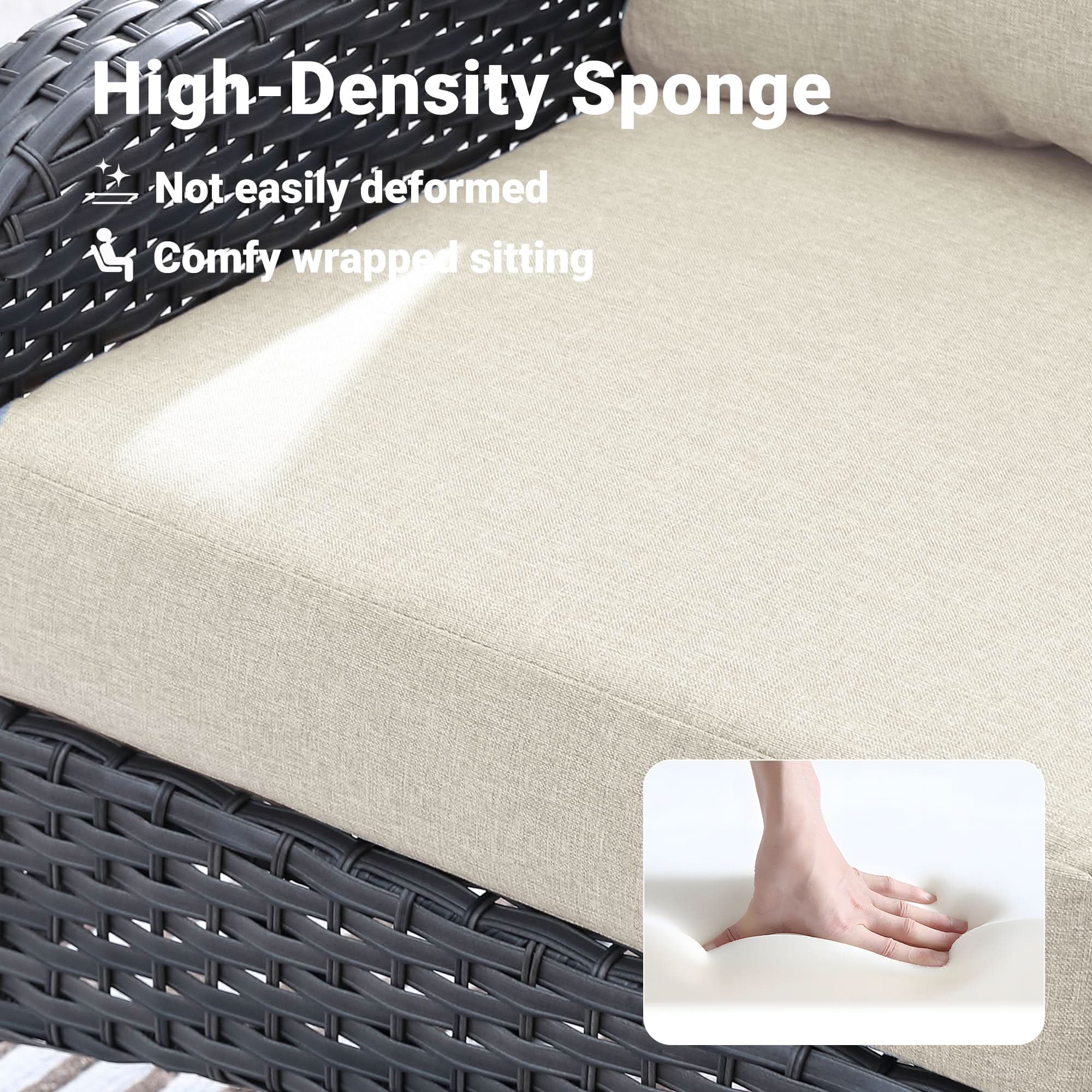 OVIOS patio chair with high-density sponge cushion. Comfortable and durable gray wicker design for outdoor relaxation.