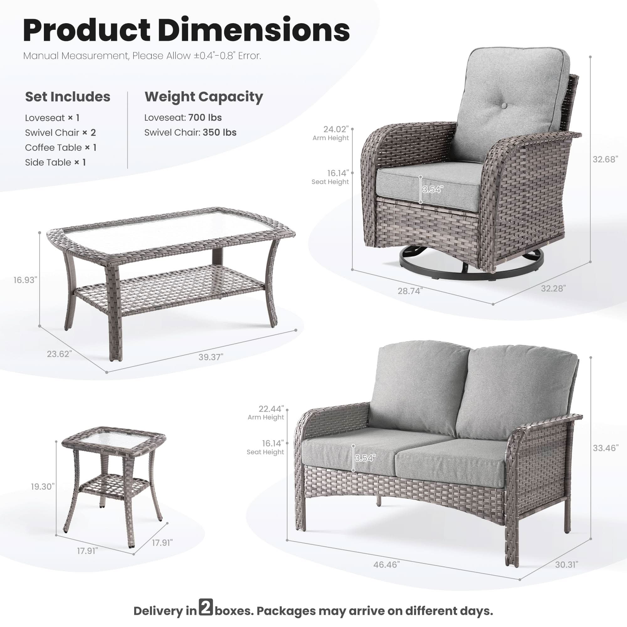OVIOS 5-Piece Patio Furniture Set Dimensions - Gray wicker, swivel chairs, tables, and specifications
