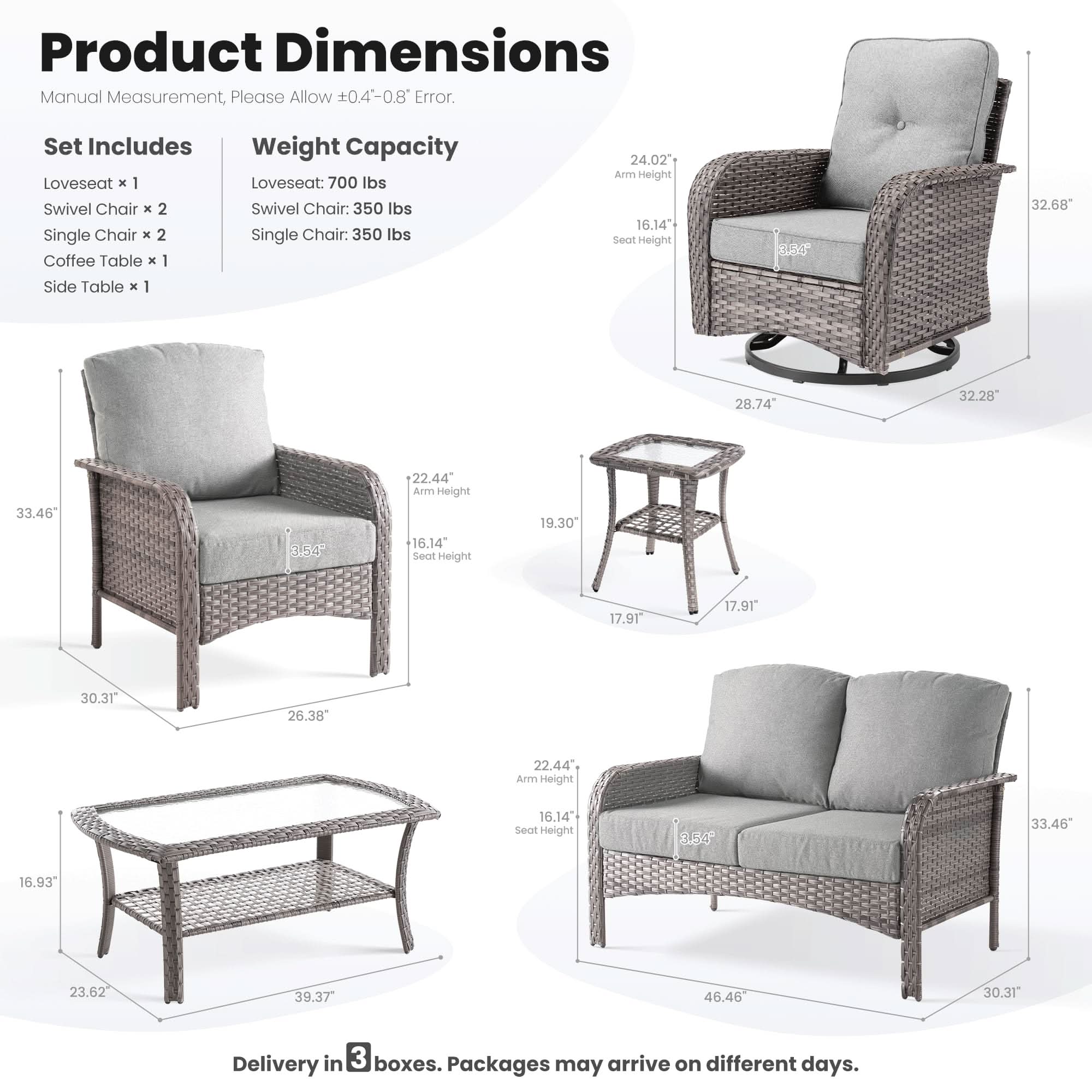 OVIOS 7-piece patio set dimensions diagram. Includes sizes for loveseat, swivel chairs, and tables. Product detail.