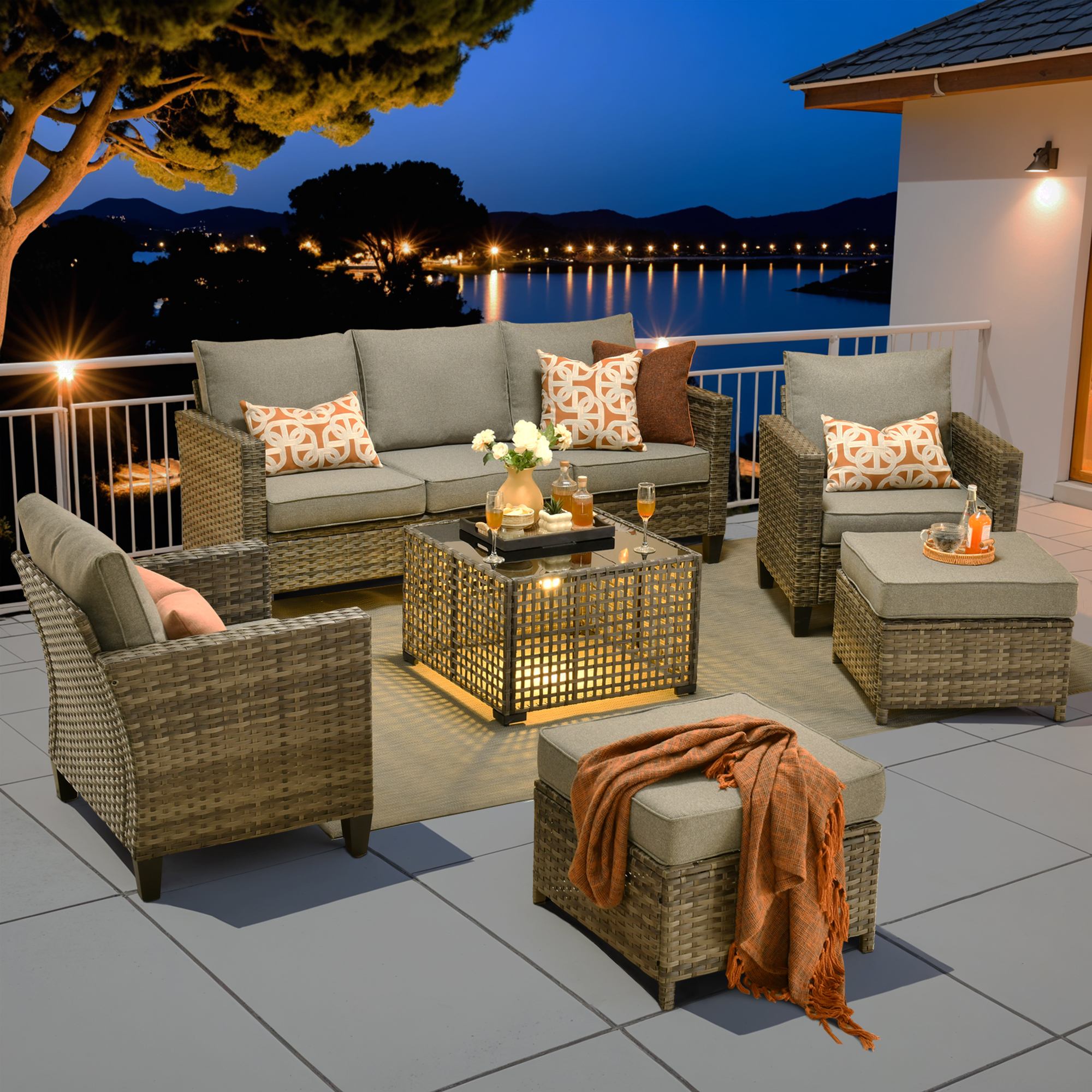 OVIOS Outdoor Patio Furniture Set with Wicker Sofa Loveseat Ottomans and Rocking Chairs