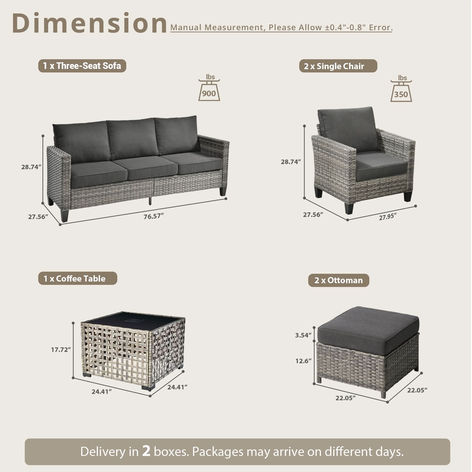 Black Dimensional diagram for OVIOS 5pc wicker patio set: sofa, 2 chairs, coffee table, 2 ottomans.