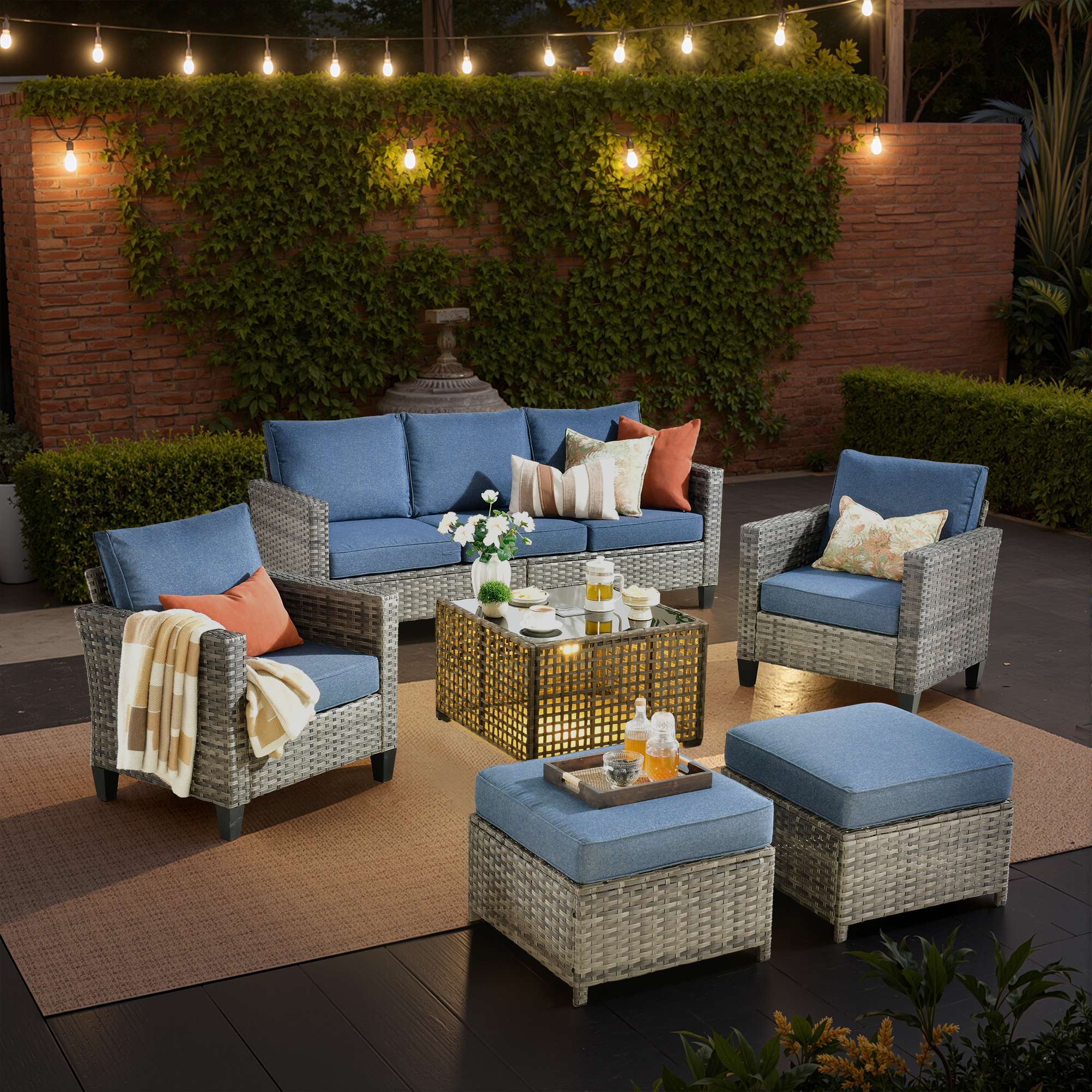 OVIOS Outdoor Patio Furniture Set with Wicker Sofa Loveseat Ottomans and Rocking Chairs