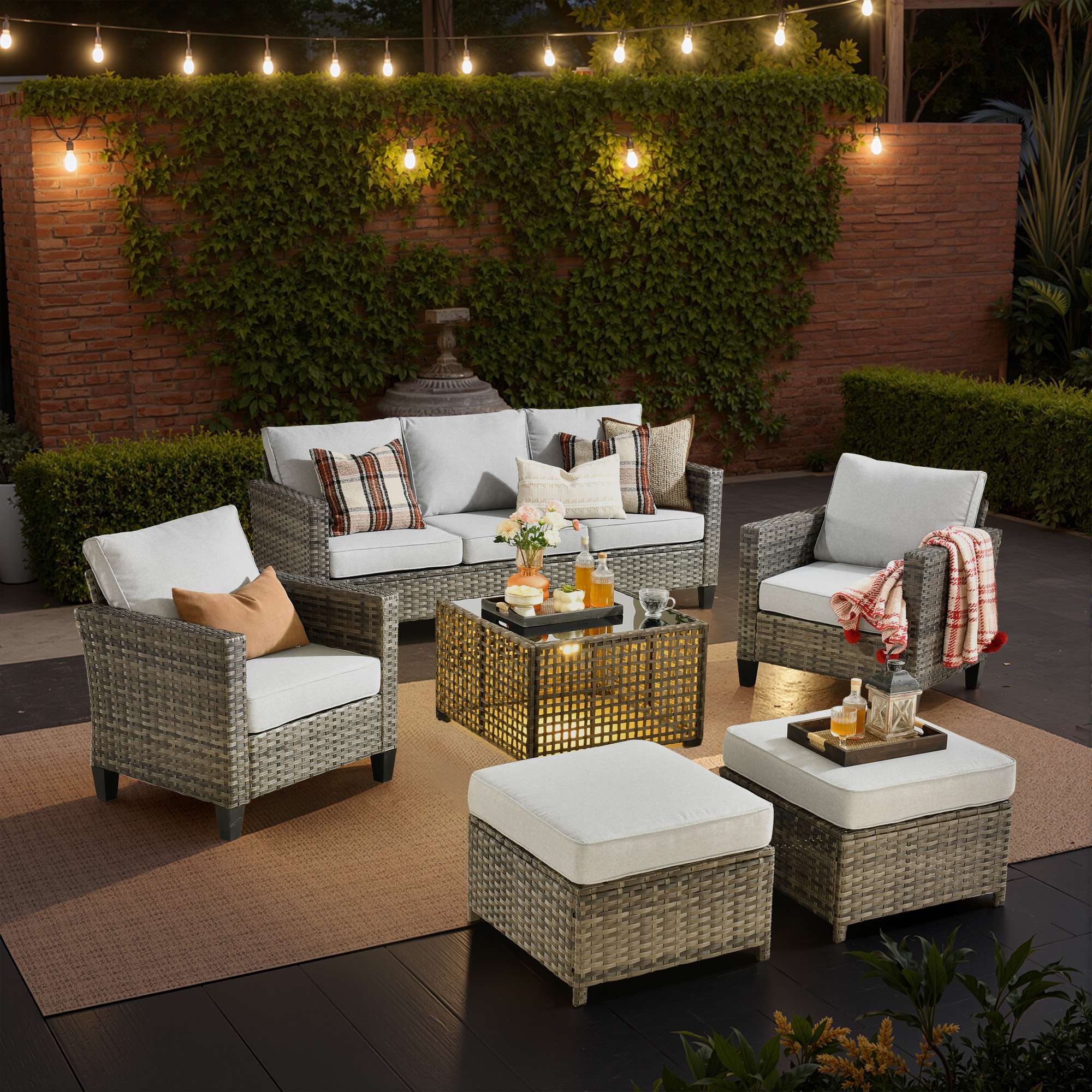 OVIOS Outdoor Patio Furniture Set with Wicker Sofa Loveseat Ottomans and Rocking Chairs