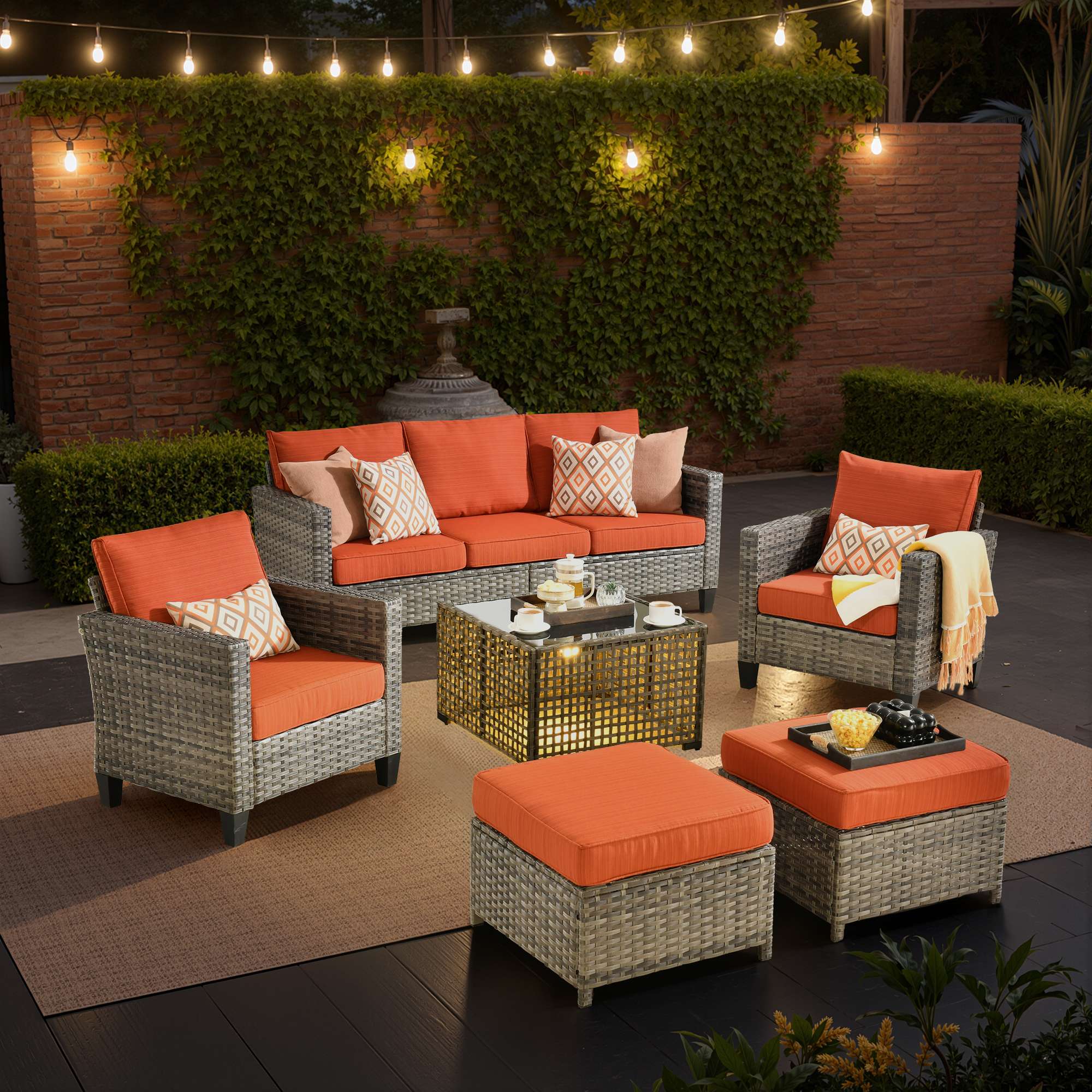 OVIOS Outdoor Patio Furniture Set with Wicker Sofa Loveseat Ottomans and Rocking Chairs