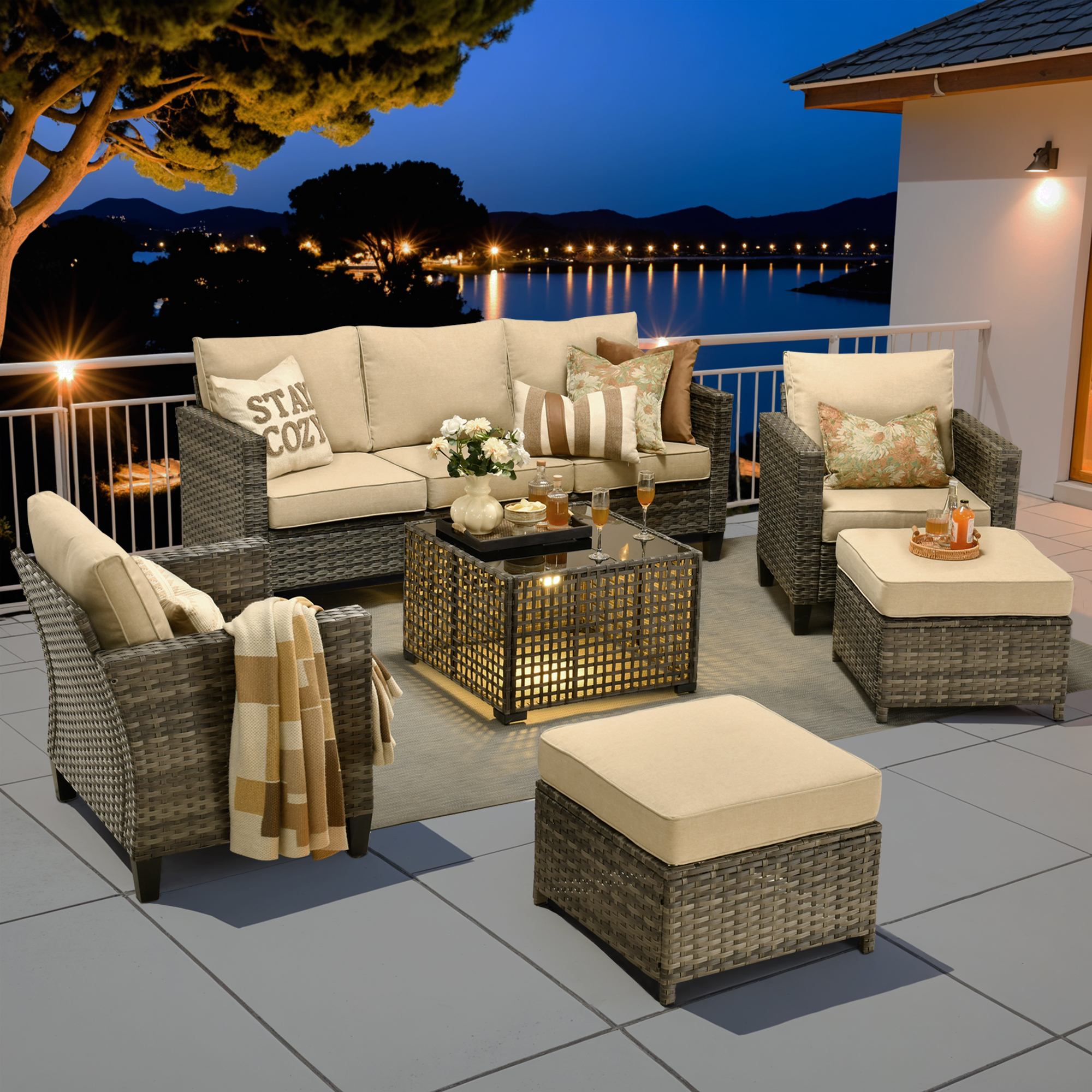 OVIOS Outdoor Patio Furniture Set with Wicker Sofa Loveseat Ottomans and Rocking Chairs
