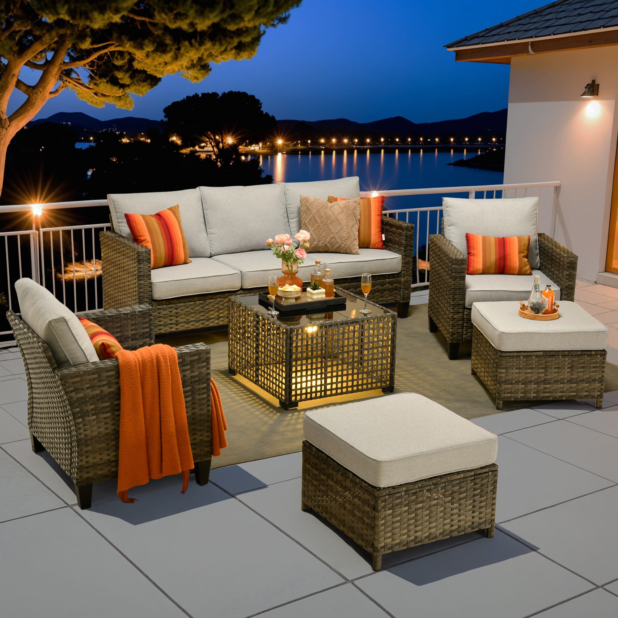 OVIOS Outdoor Patio Furniture Set with Wicker Sofa Loveseat Ottomans and Rocking Chairs