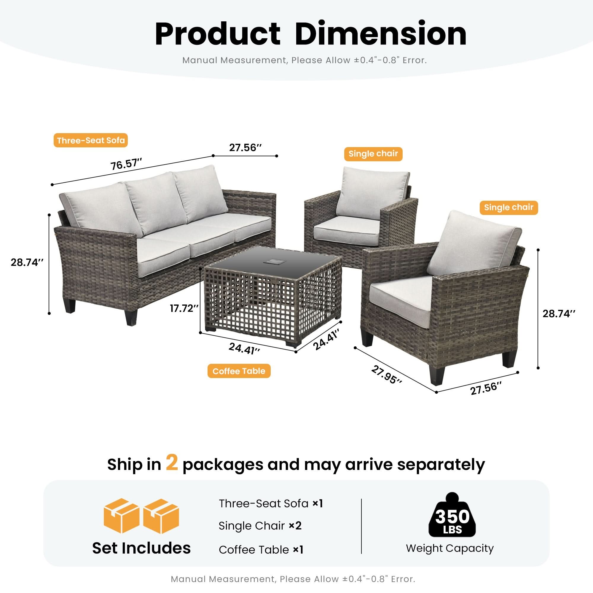 Light Grey | OVIOS 4-piece wicker patio conversation set dimensions with sofa, chairs, solar table.