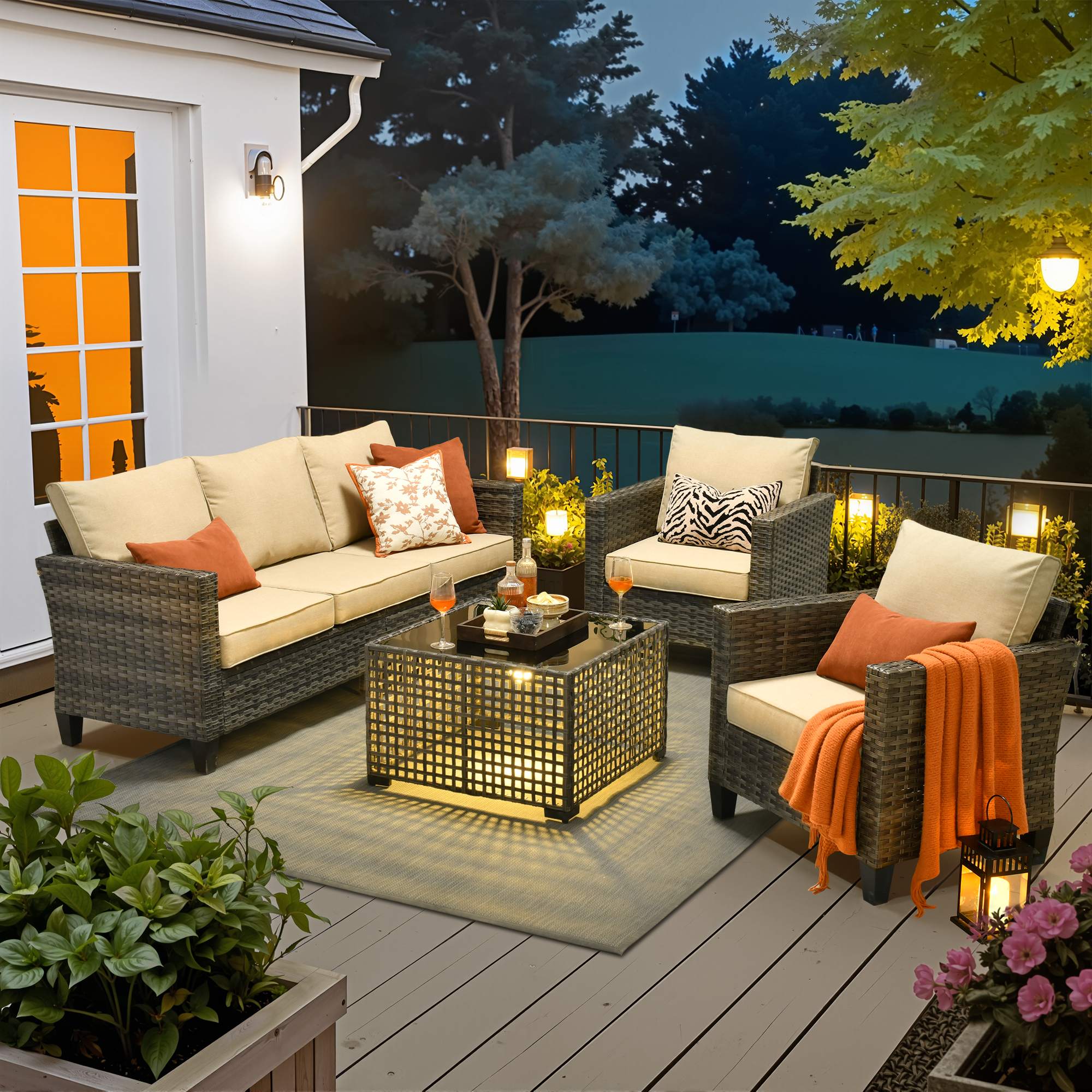 OVIOS Outdoor Patio Furniture Set with Wicker Sofa Loveseat Ottomans and Rocking Chairs