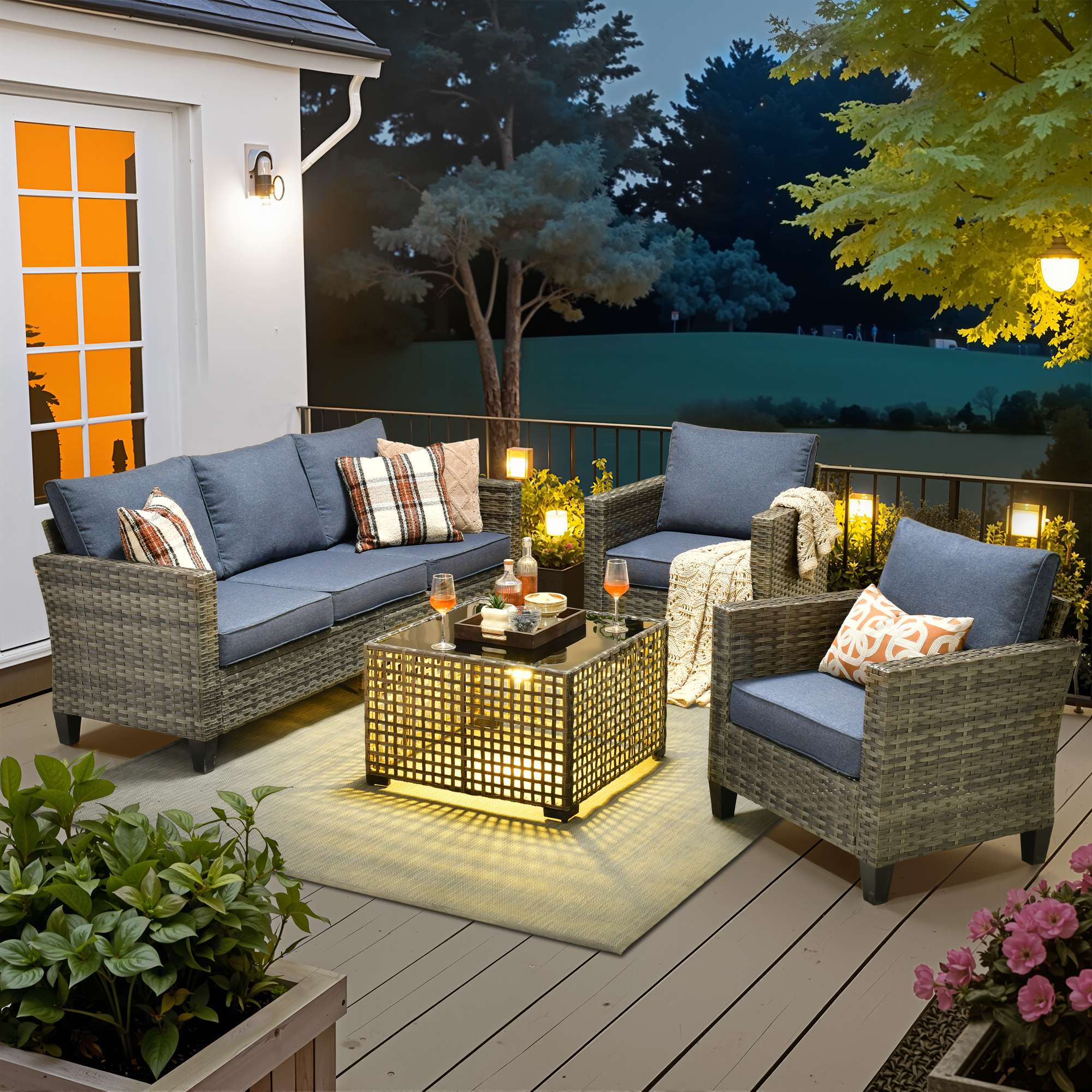 OVIOS Outdoor Patio Furniture Set with Wicker Sofa Loveseat Ottomans and Rocking Chairs