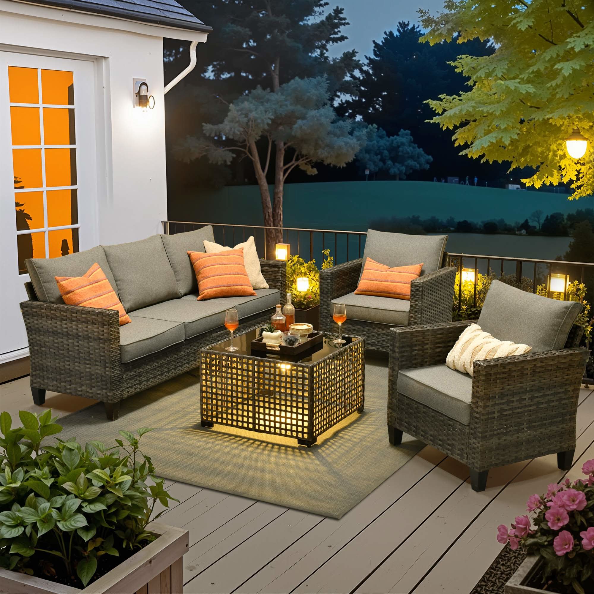Dark Grey |OVIOS 4-piece wicker patio set: 3-seat sofa, armchairs, and illuminated solar table.