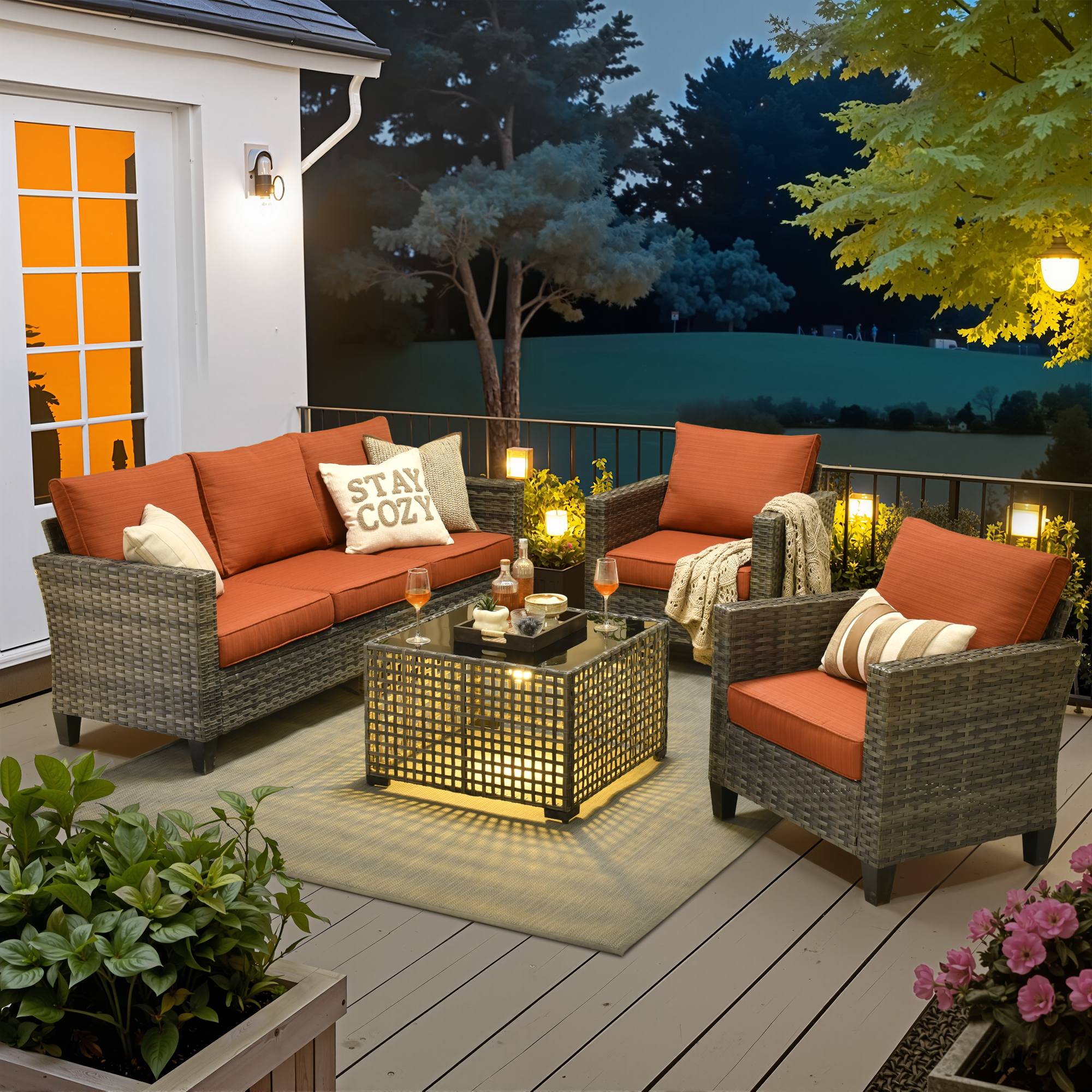 OVIOS Outdoor Patio Furniture Set with Wicker Sofa Loveseat Ottomans and Rocking Chairs