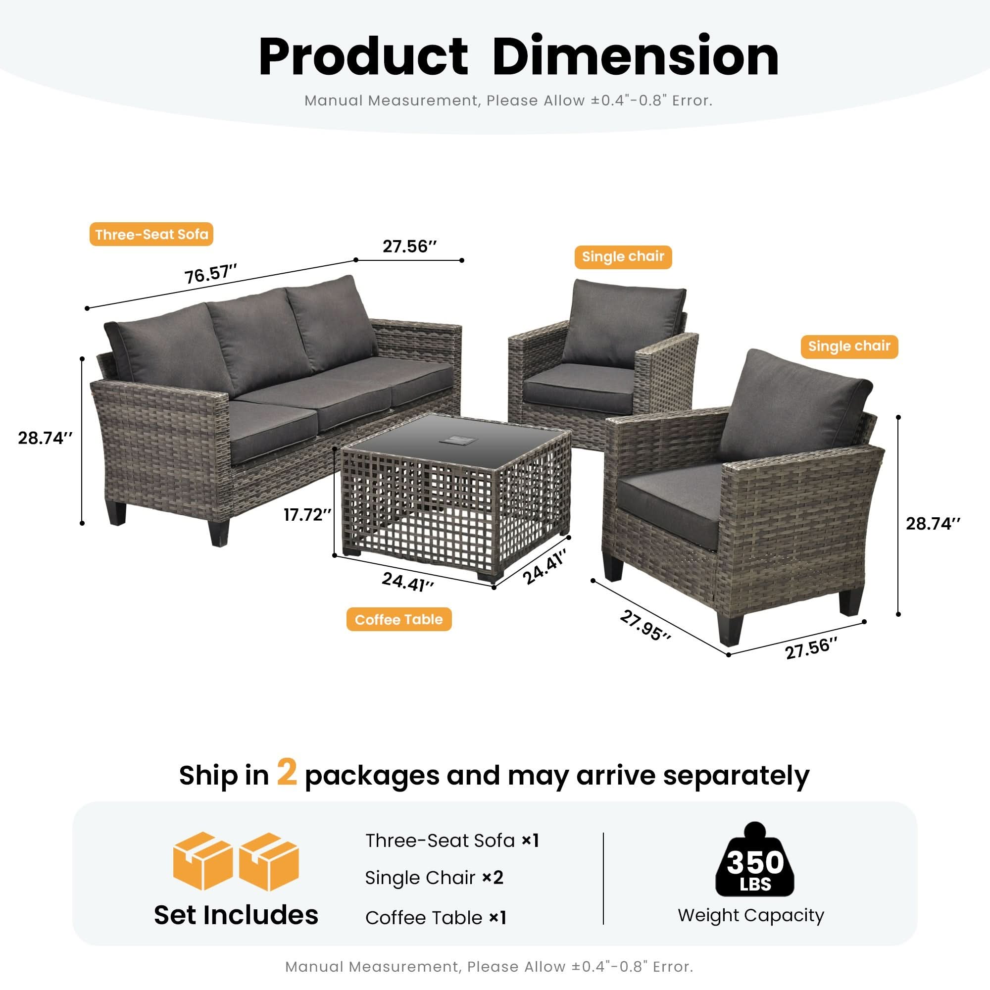 OVIOS wicker patio conversation set dimensions: 3-seat sofa, 2 chairs, coffee table