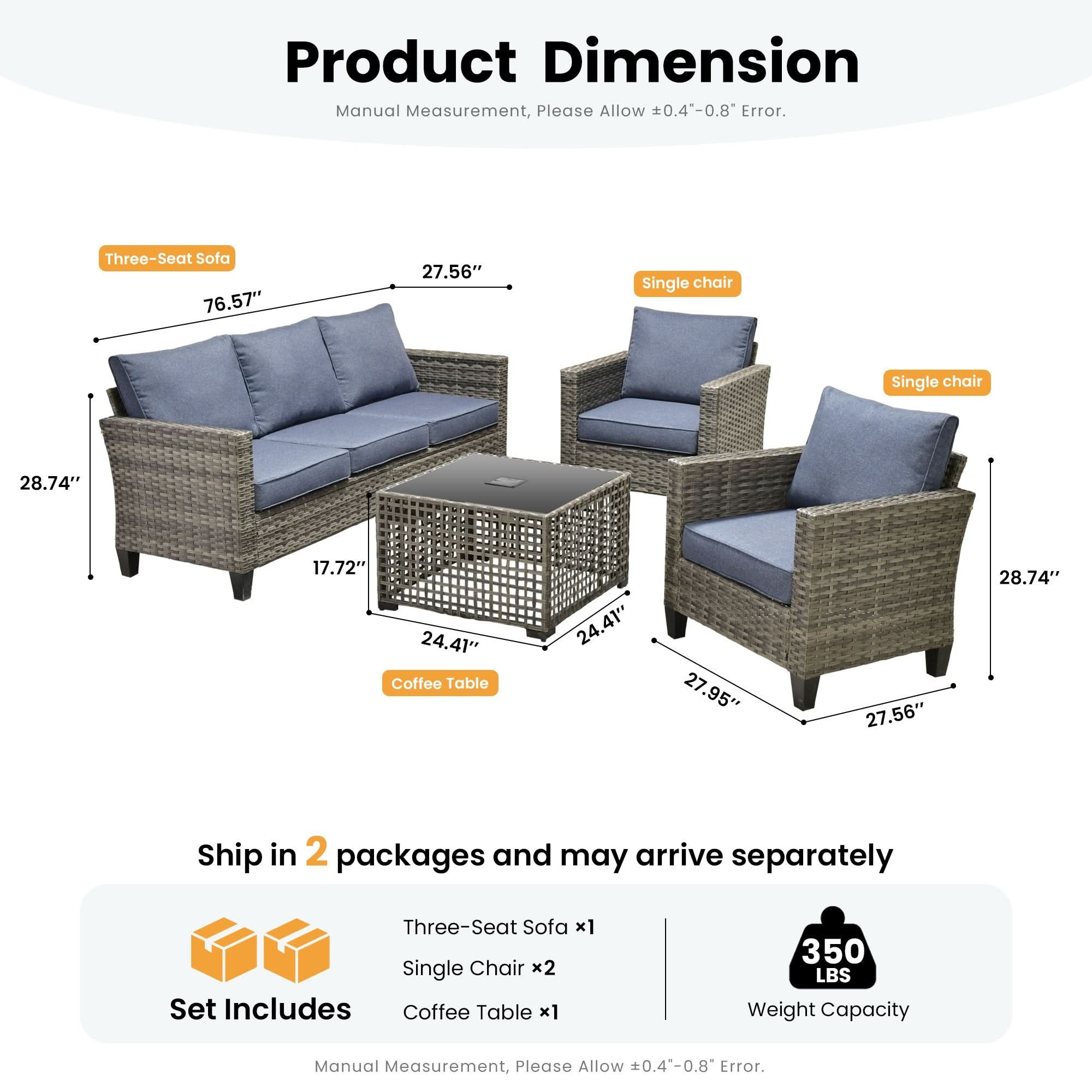 Denim Blue | OVIOS 4-pc wicker patio conversation set dimensions with sofa & chairs.