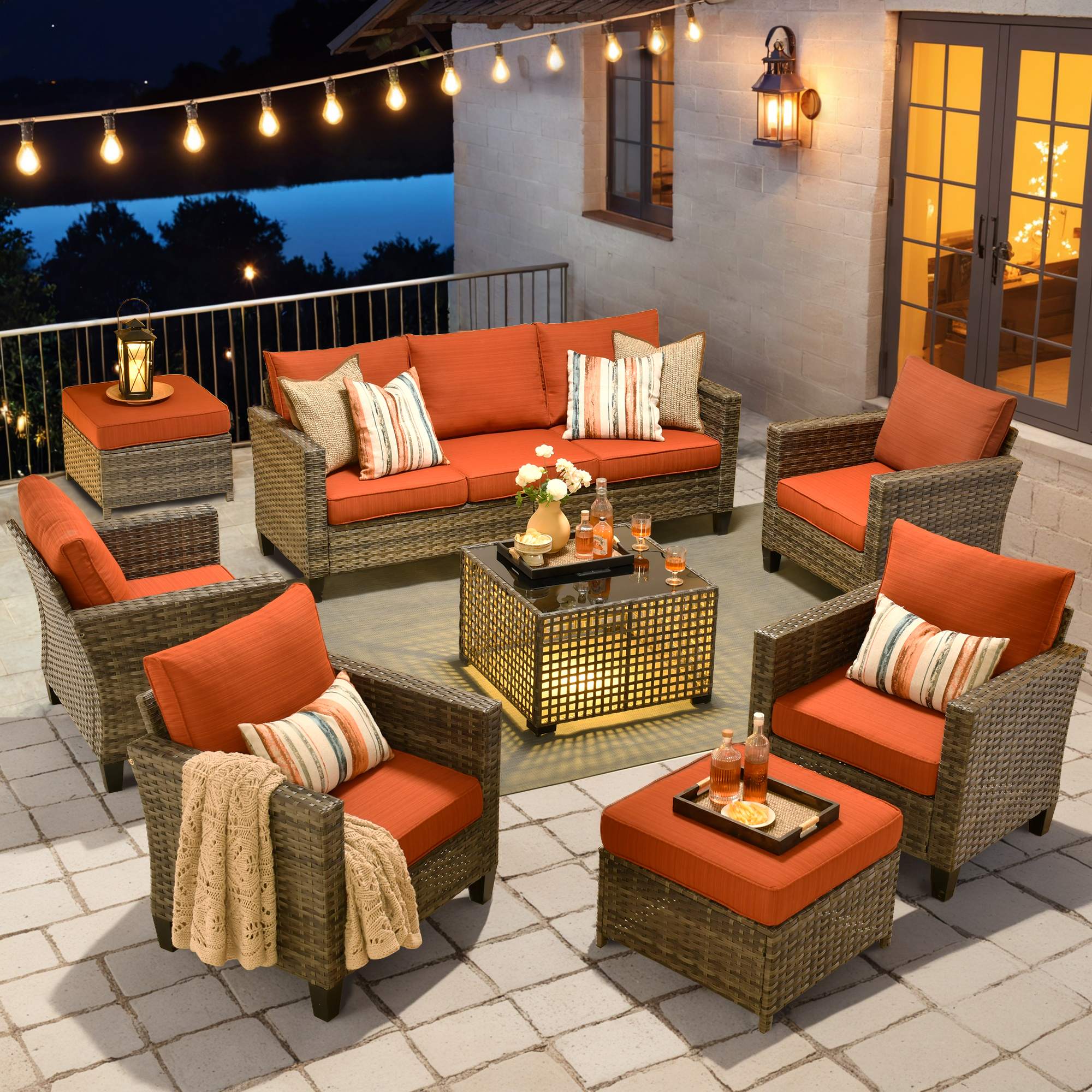 OVIOS Outdoor Patio Furniture Set with Wicker Sofa Loveseat Ottomans and Rocking Chairs