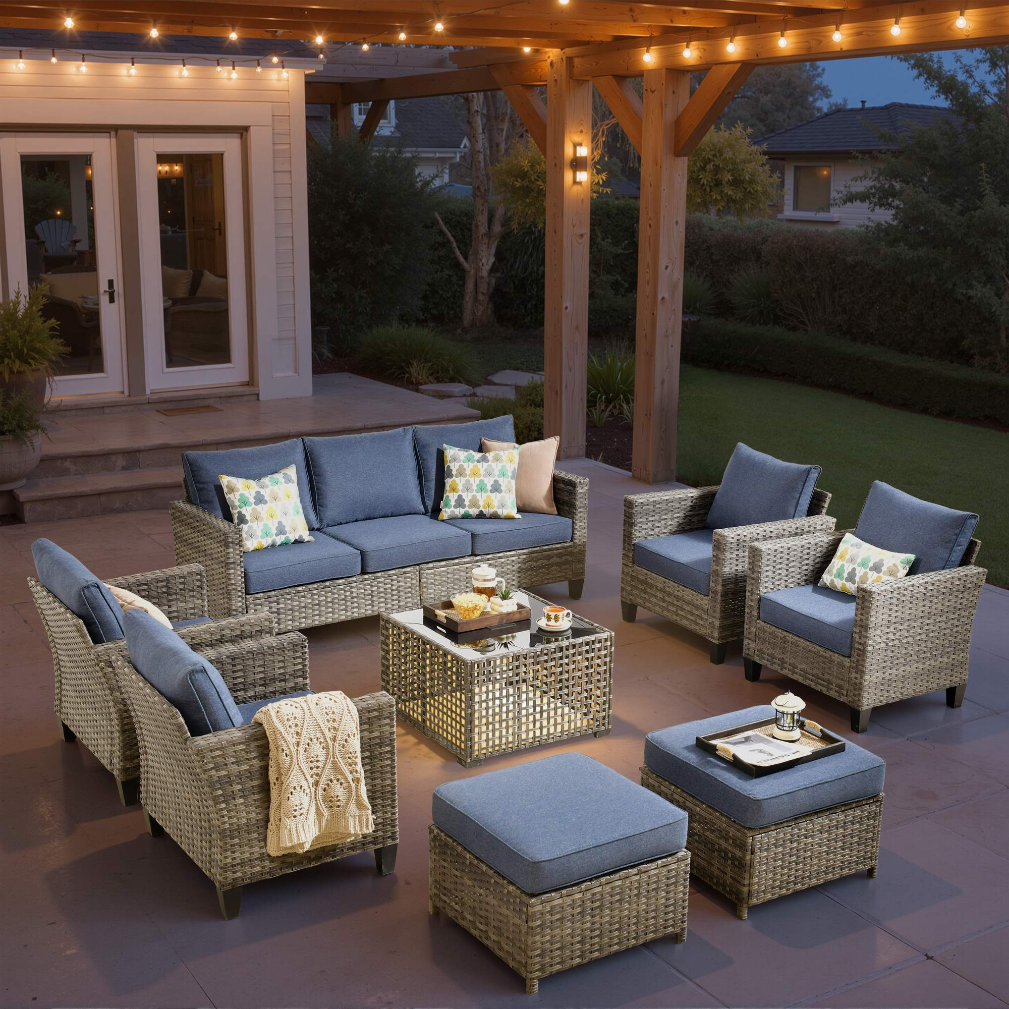 OVIOS Outdoor Patio Furniture Set with Wicker Sofa Loveseat Ottomans and Rocking Chairs