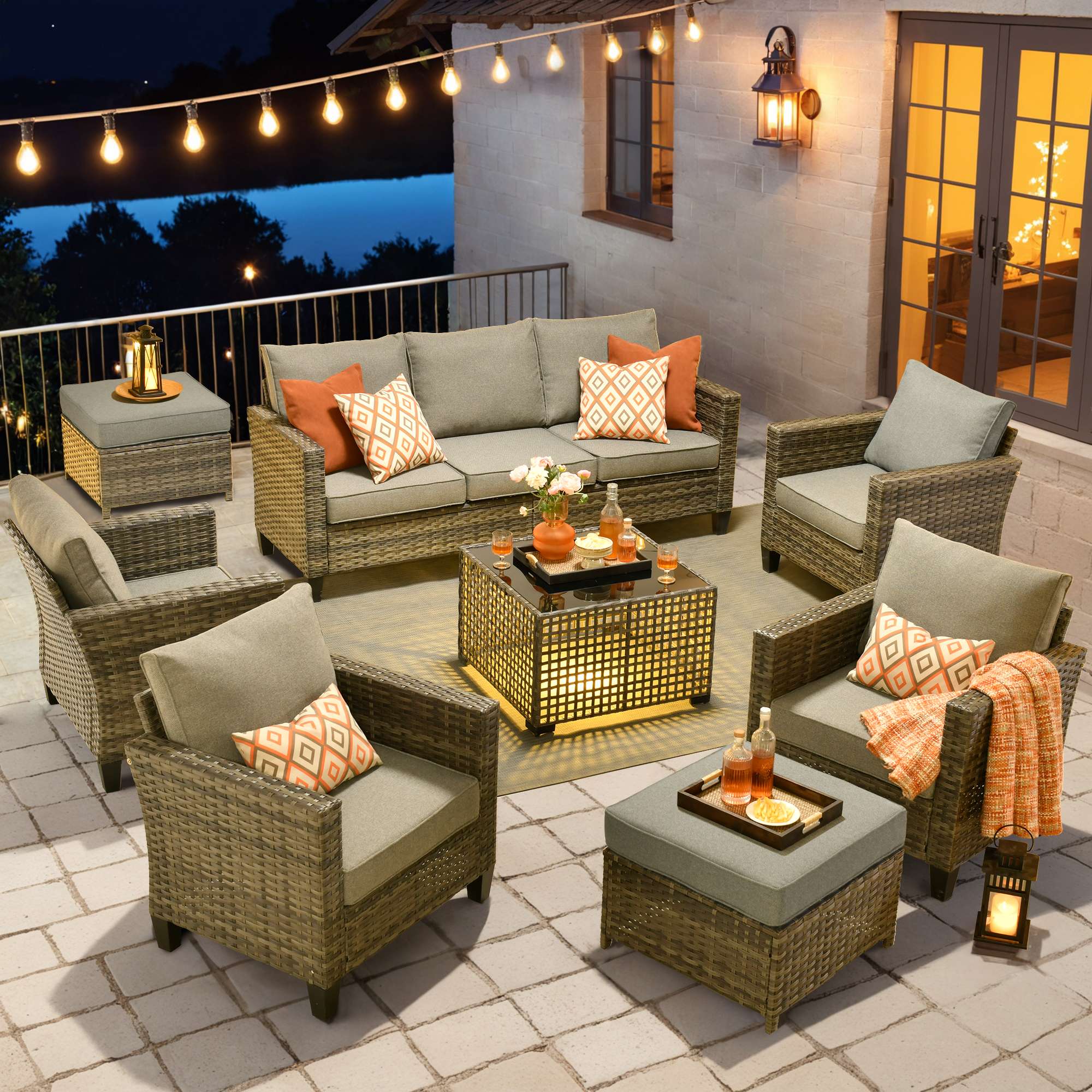 OVIOS Outdoor Patio Furniture Set with Wicker Sofa Loveseat Ottomans and Rocking Chairs
