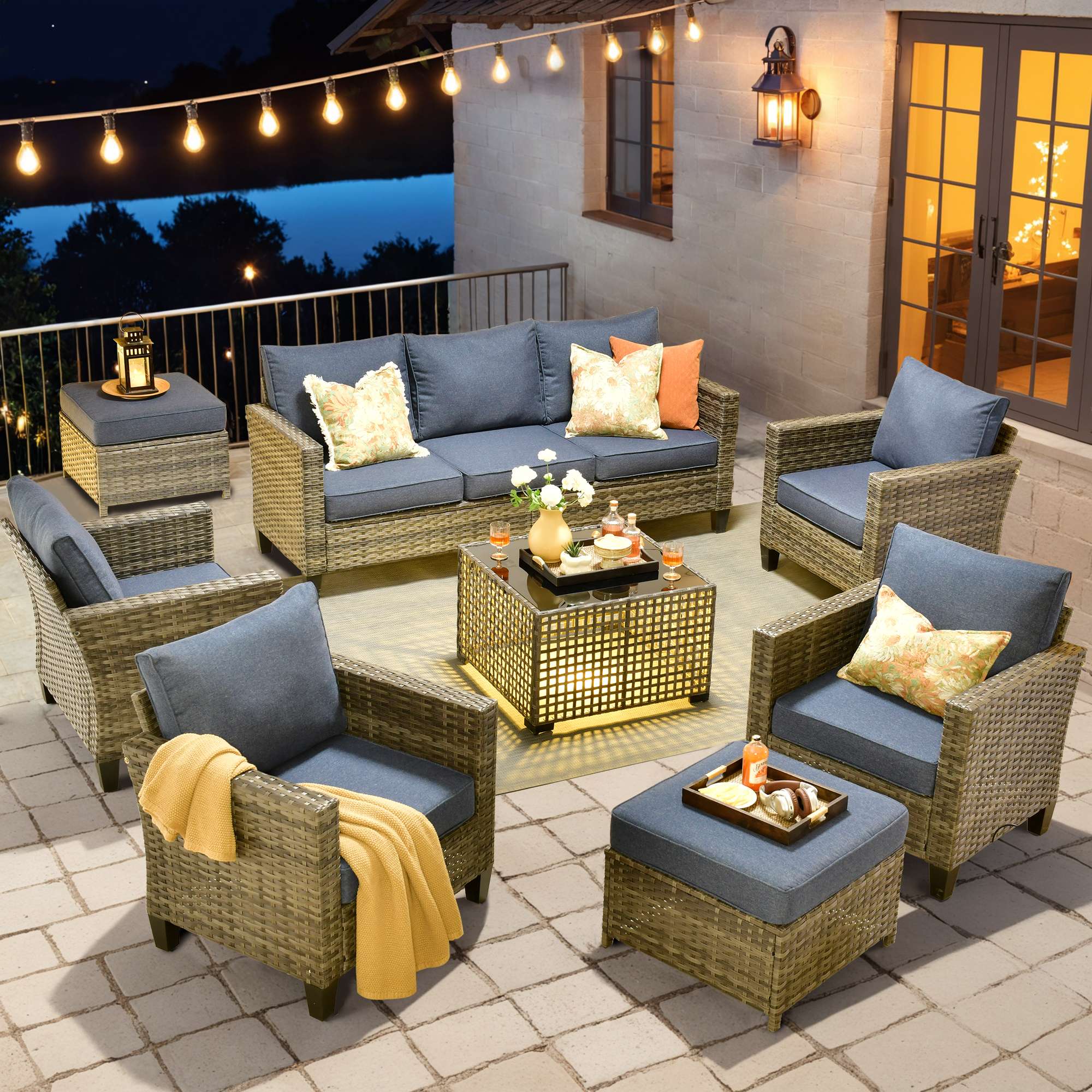 OVIOS Outdoor Patio Furniture Set with Wicker Sofa Loveseat Ottomans and Rocking Chairs