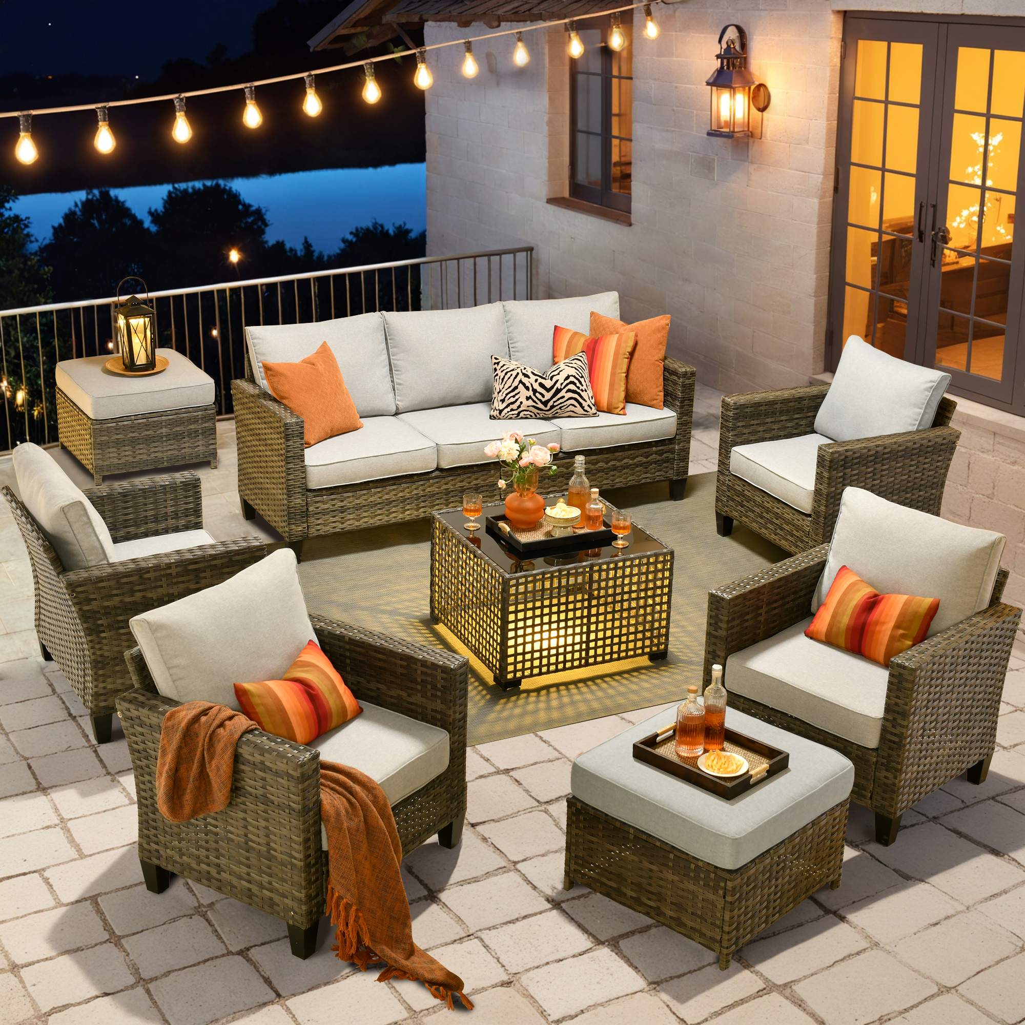 OVIOS Outdoor Patio Furniture Set with Wicker Sofa Loveseat Ottomans and Rocking Chairs