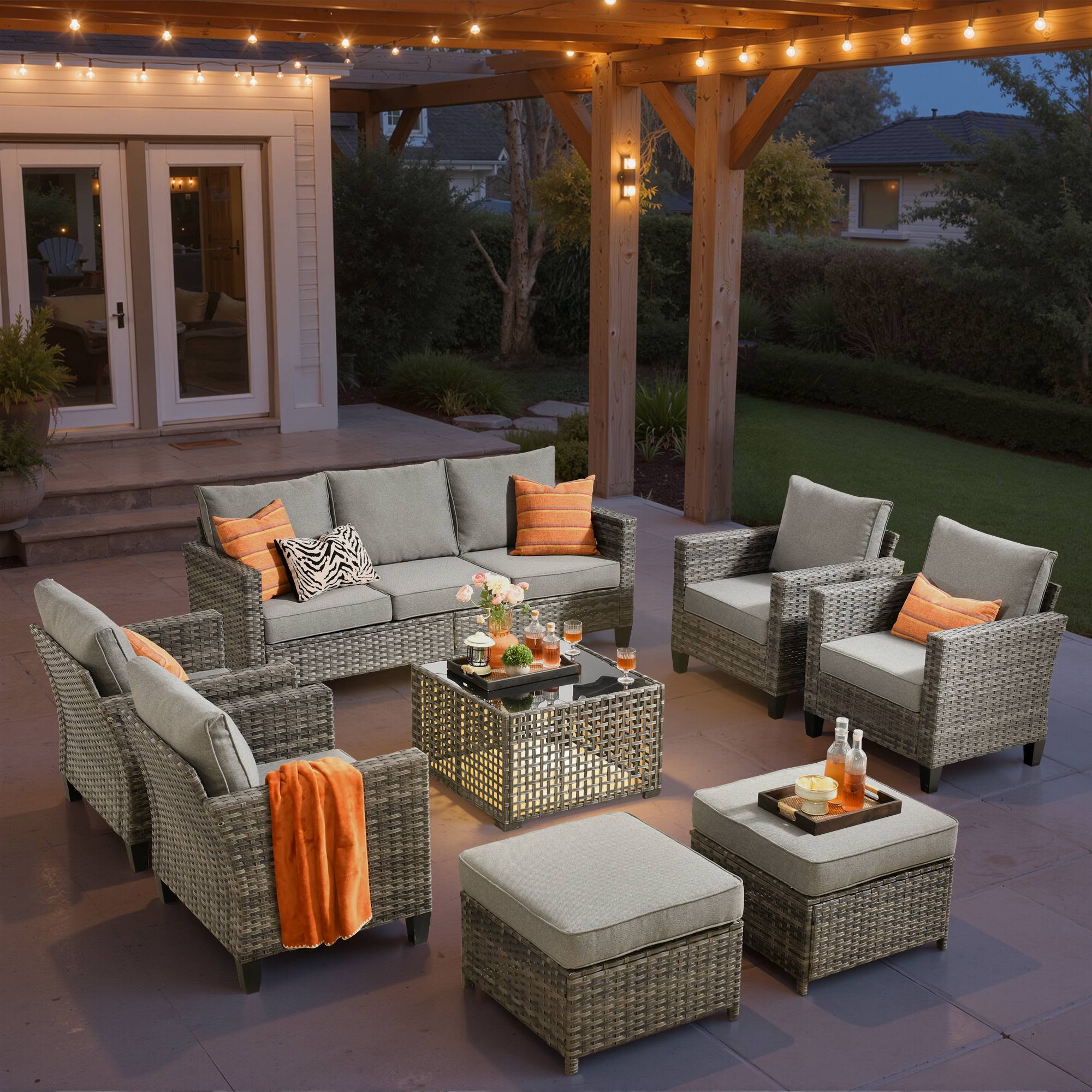 OVIOS Outdoor Patio Furniture Set with Wicker Sofa Loveseat Ottomans and Rocking Chairs