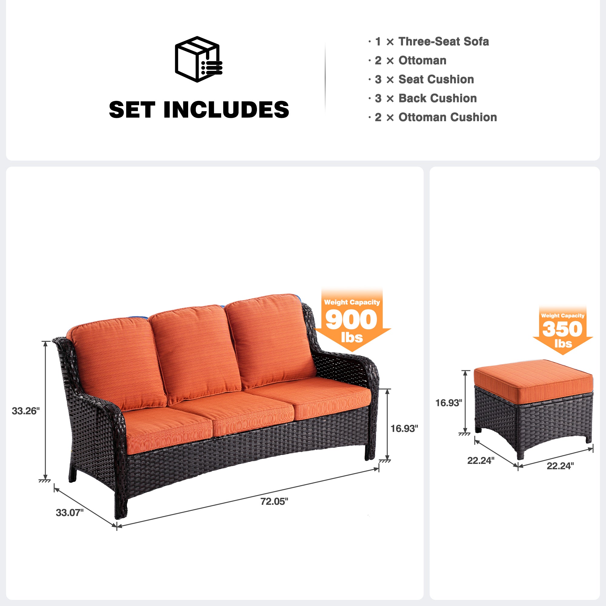 OVIOS Outdoor Couch 3-Piece with Ottoman Kenard Curved Handrest