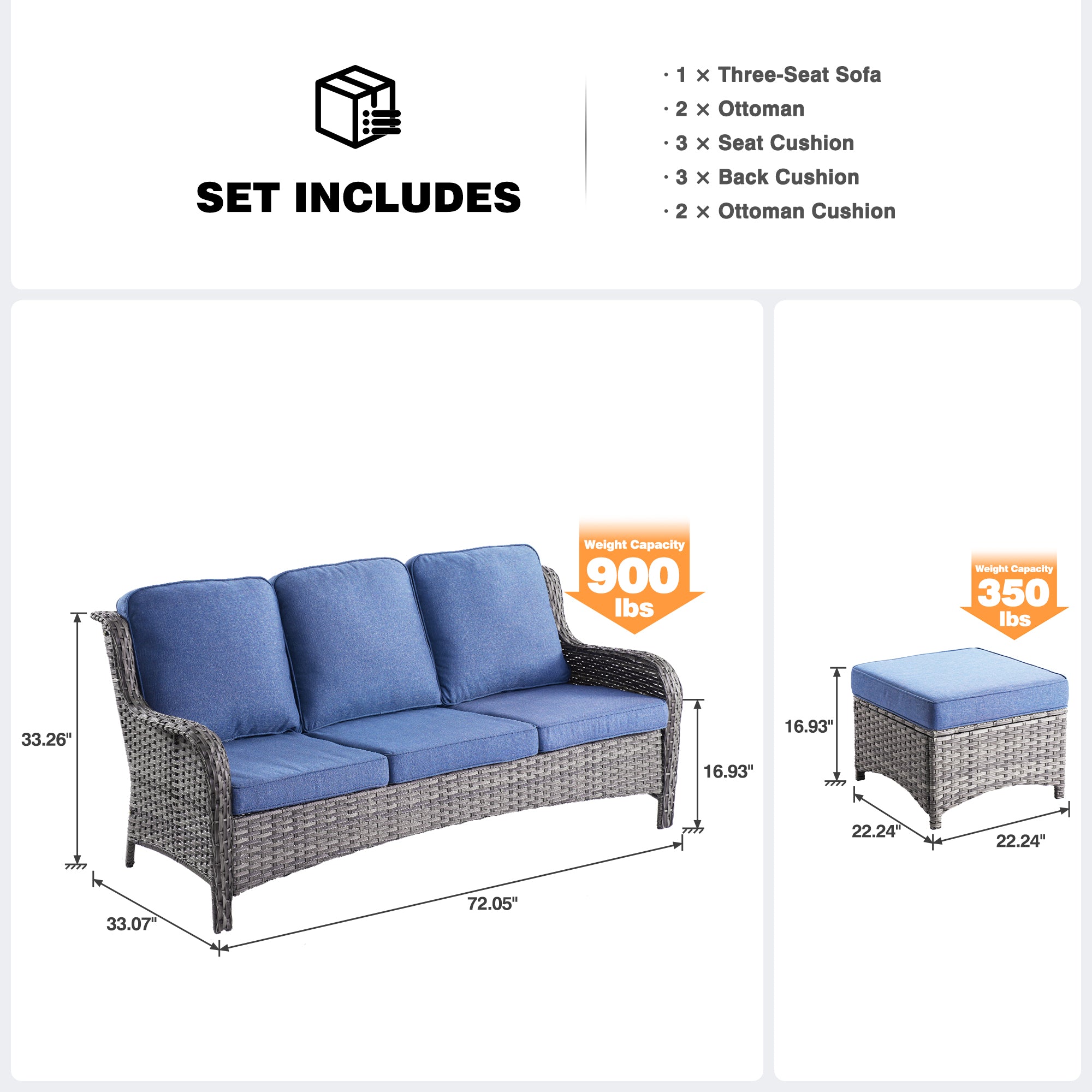 OVIOS Outdoor Couch 3-Piece with Ottoman Kenard Curved Handrest