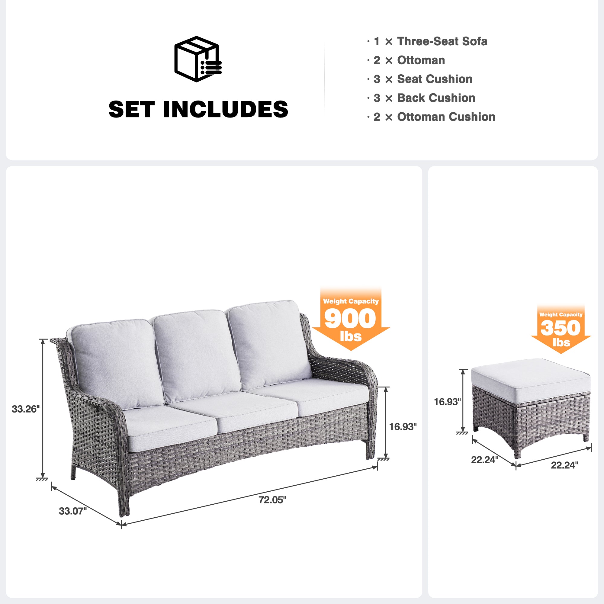 OVIOS Outdoor Couch 3-Piece with Ottoman Kenard Curved Handrest