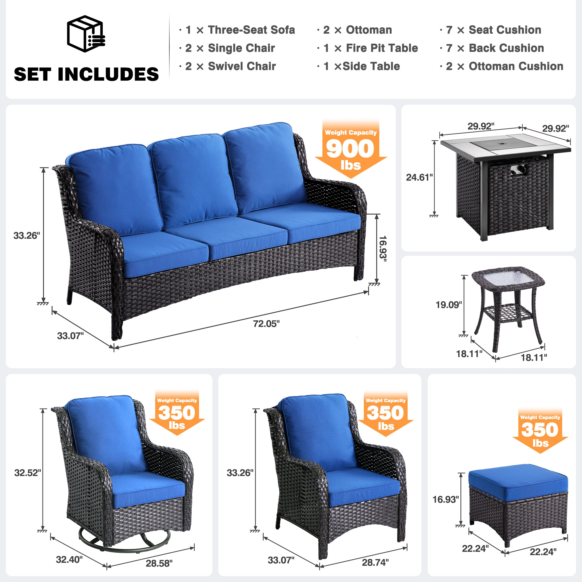 OVIOS Outdoor Furniture 9-Piece with 30'' Fire Pit Table and Kenard 2 Rocking Chairs