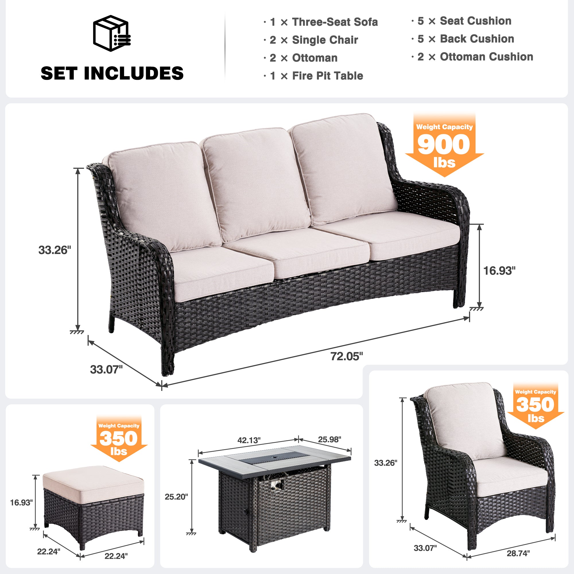 OVIOS Patio 6-Piece Conversation Set with 42'' Rectangle Propane Fire Pit Table Kenard