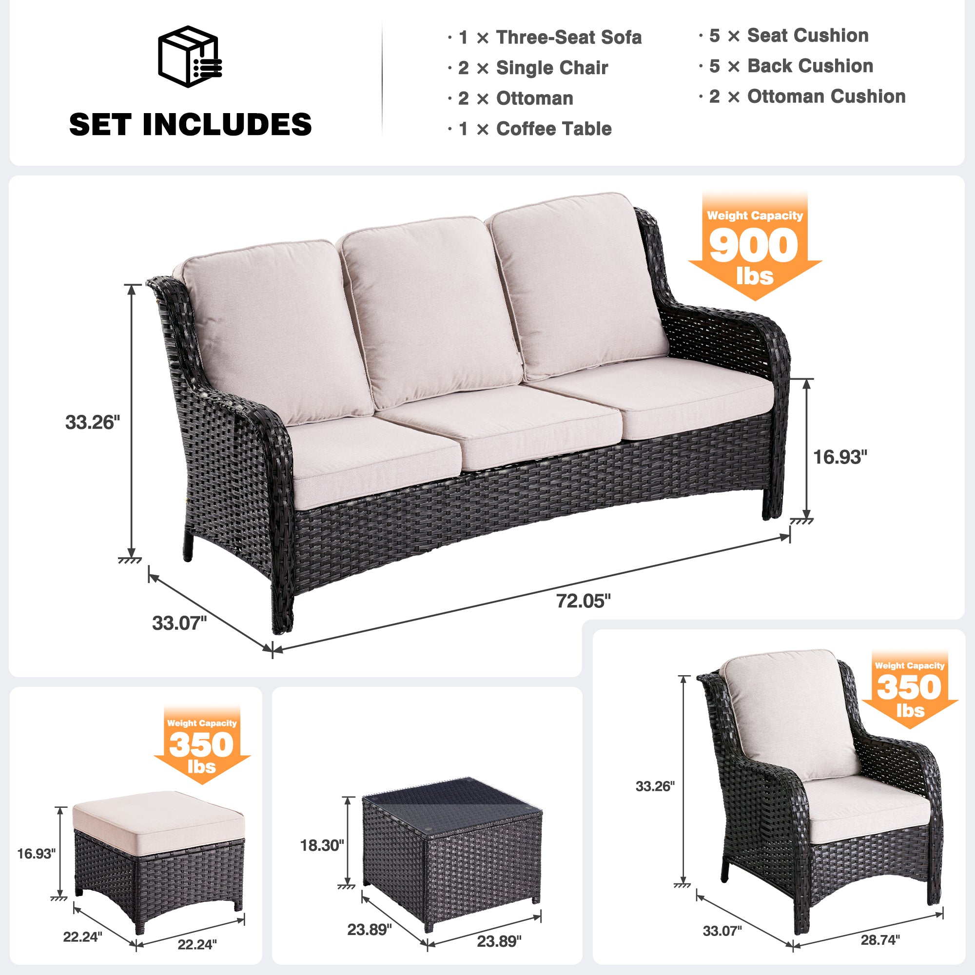 OVIOS Patio Furniture Set 6-Piece with Table Kenard Curved Handrest