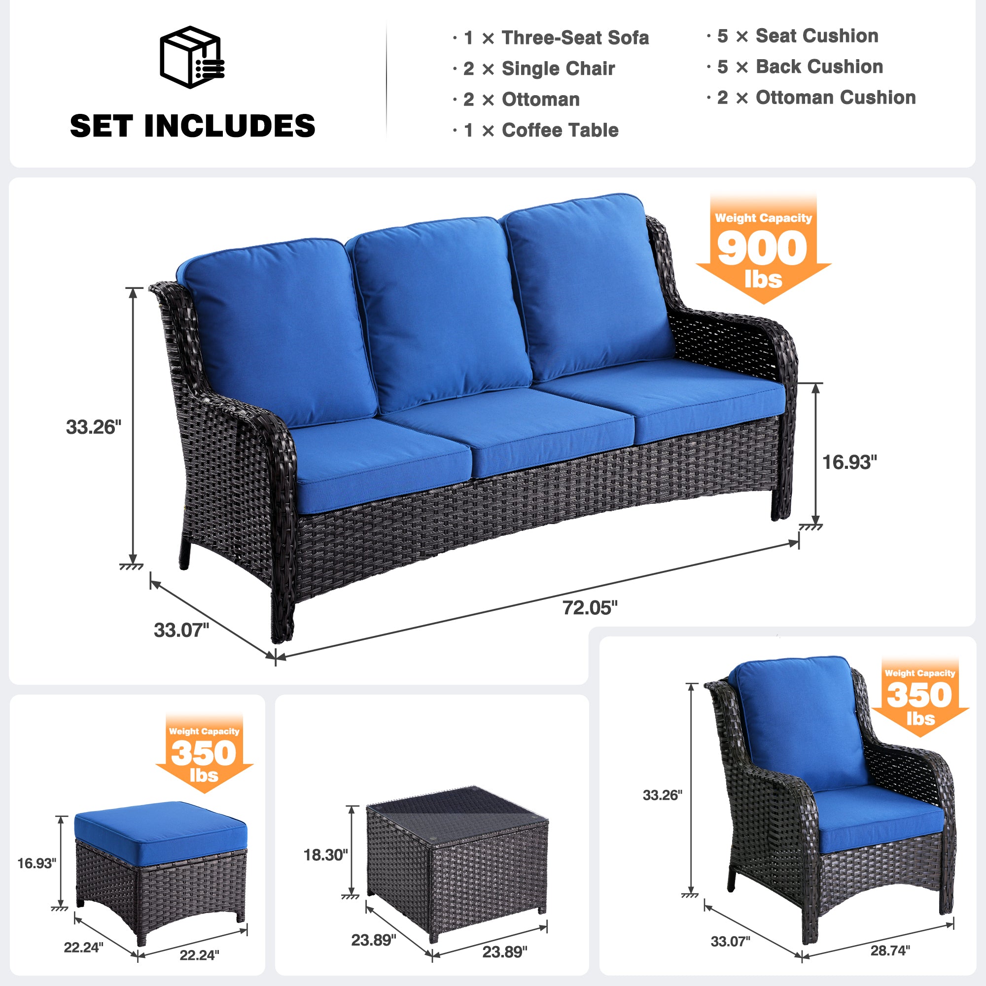 OVIOS Patio Furniture Set 6-Piece with Table Kenard Curved Handrest