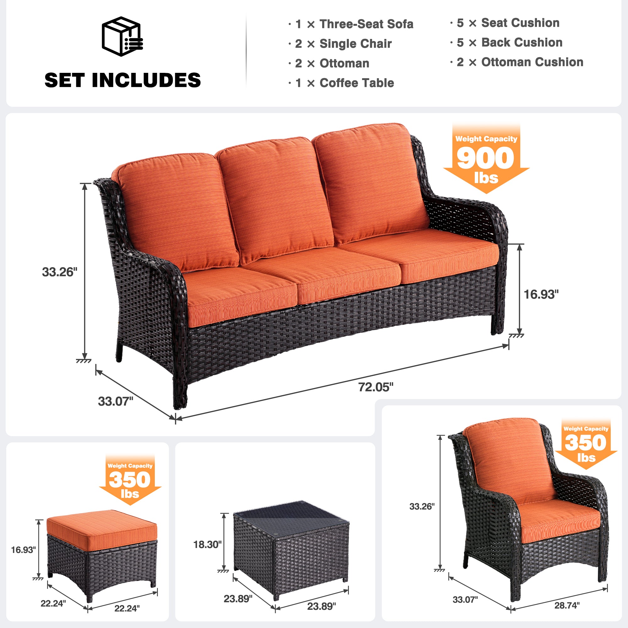 OVIOS Patio Furniture Set 6-Piece with Table Kenard Curved Handrest