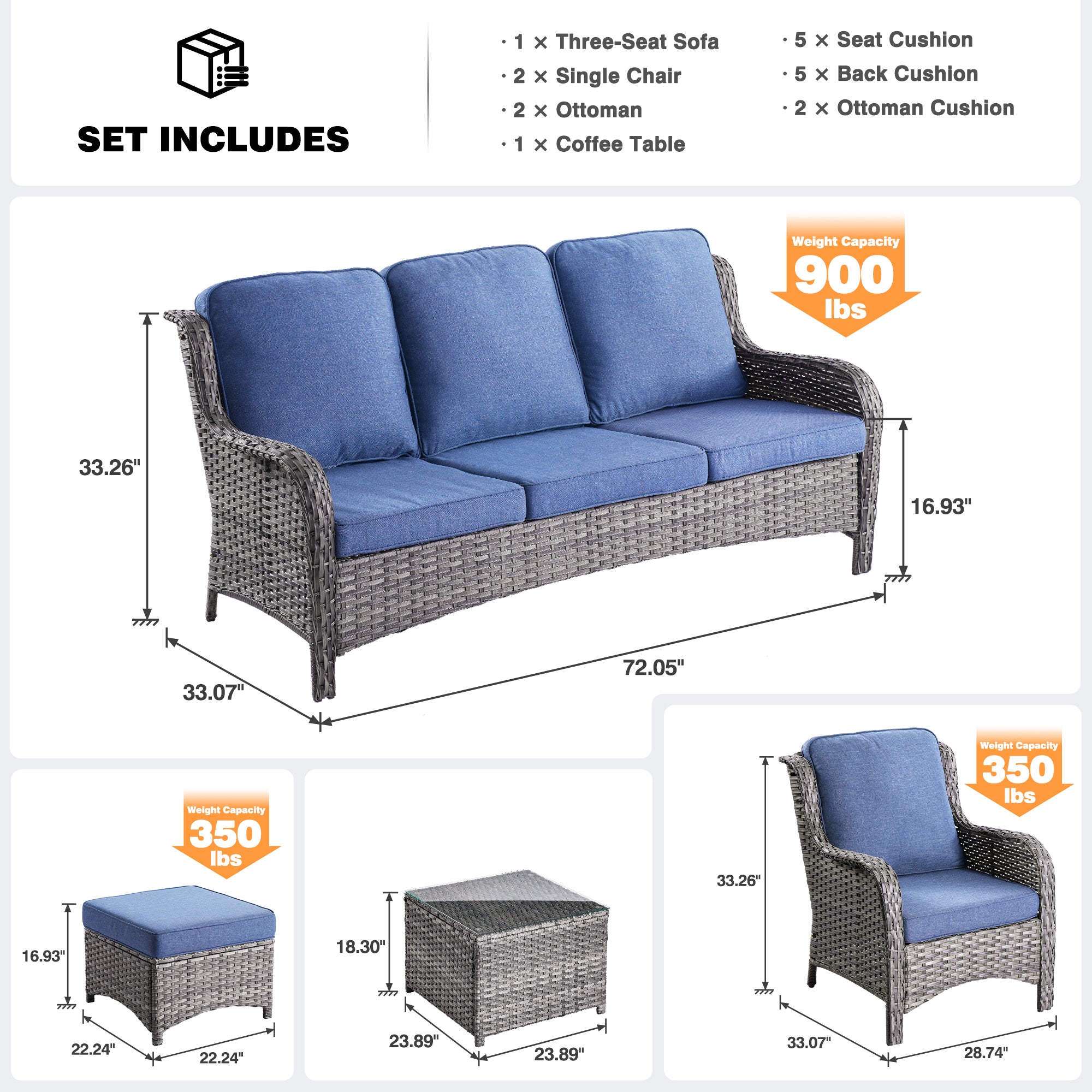 OVIOS Patio Furniture Set 6-Piece with Table Kenard Curved Handrest