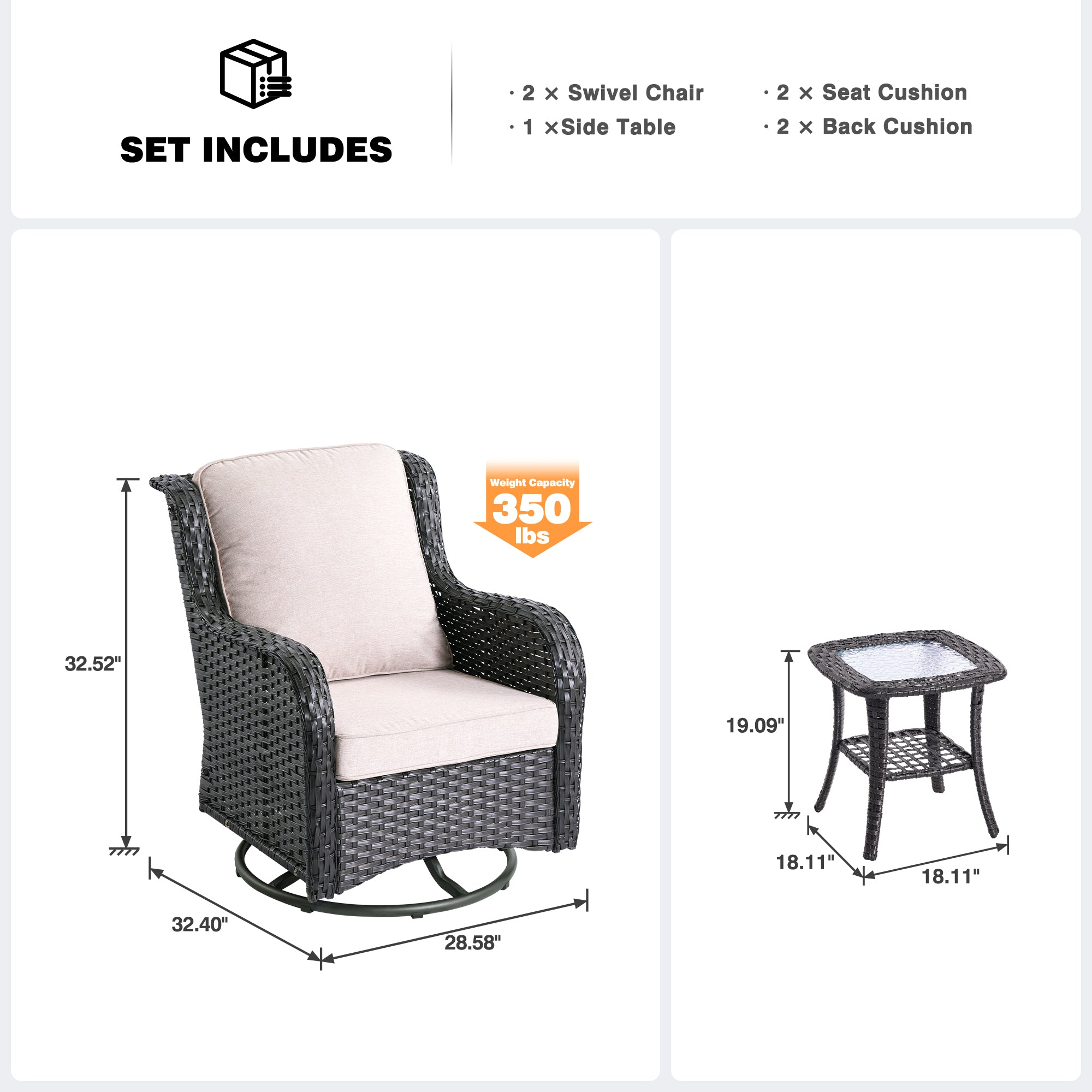 OVIOS Patio Furniture Set 3-Piece with Swivel Chairs and Side Table Kenard