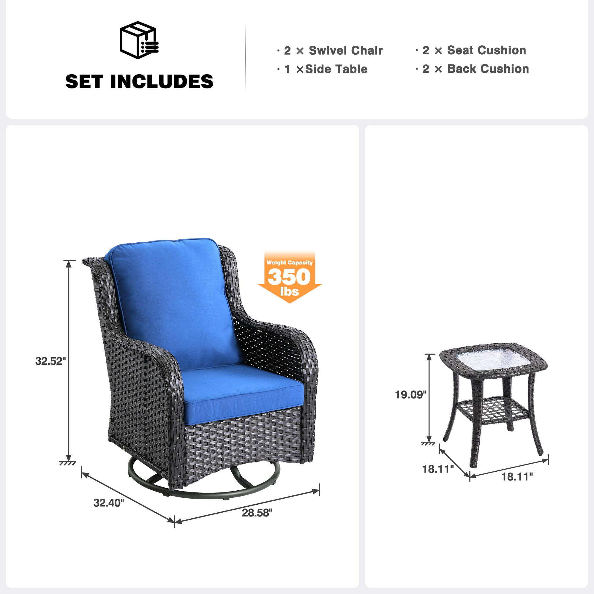 OVIOS Patio Furniture Set 3-Piece with Swivel Chairs and Side Table Kenard