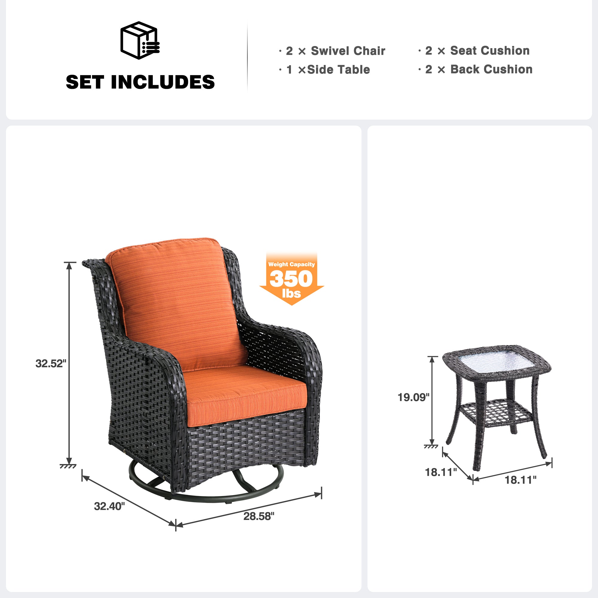 OVIOS Patio Furniture Set 3-Piece with Swivel Chairs and Side Table Kenard