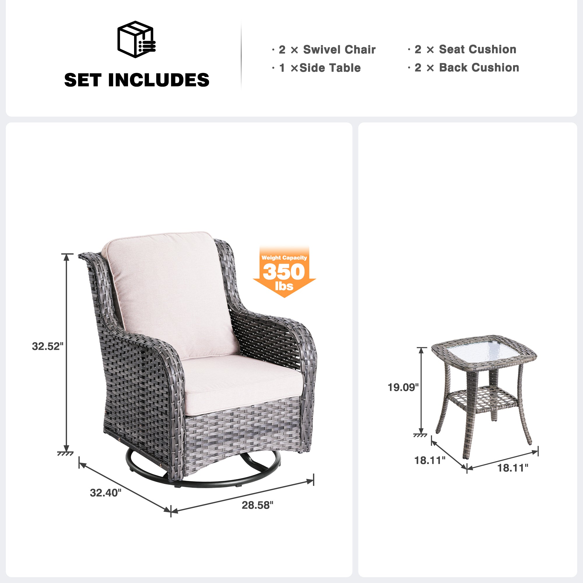 OVIOS Patio Furniture Set 3-Piece with Swivel Chairs and Side Table Kenard