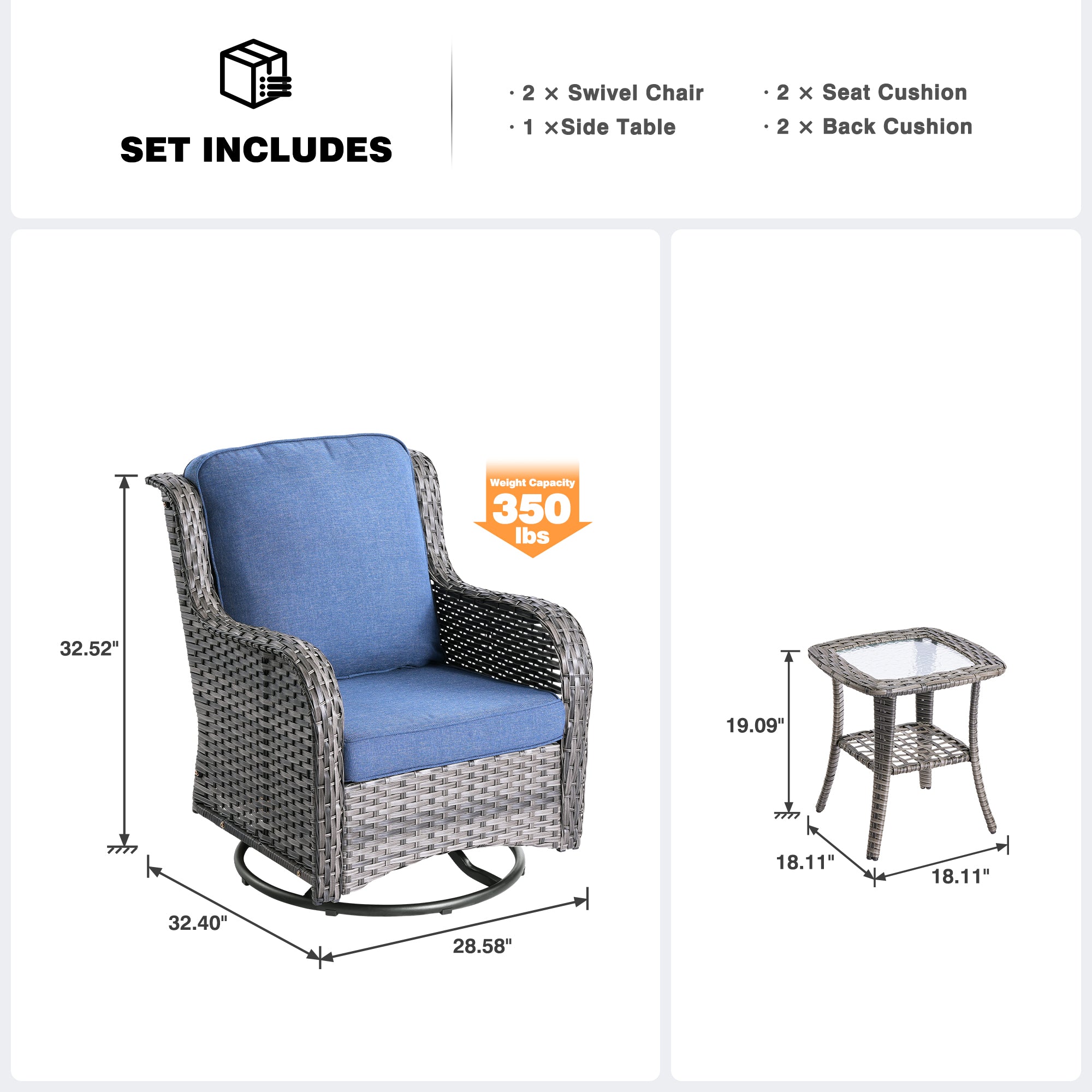 OVIOS Patio Furniture Set 3-Piece with Swivel Chairs and Side Table Kenard