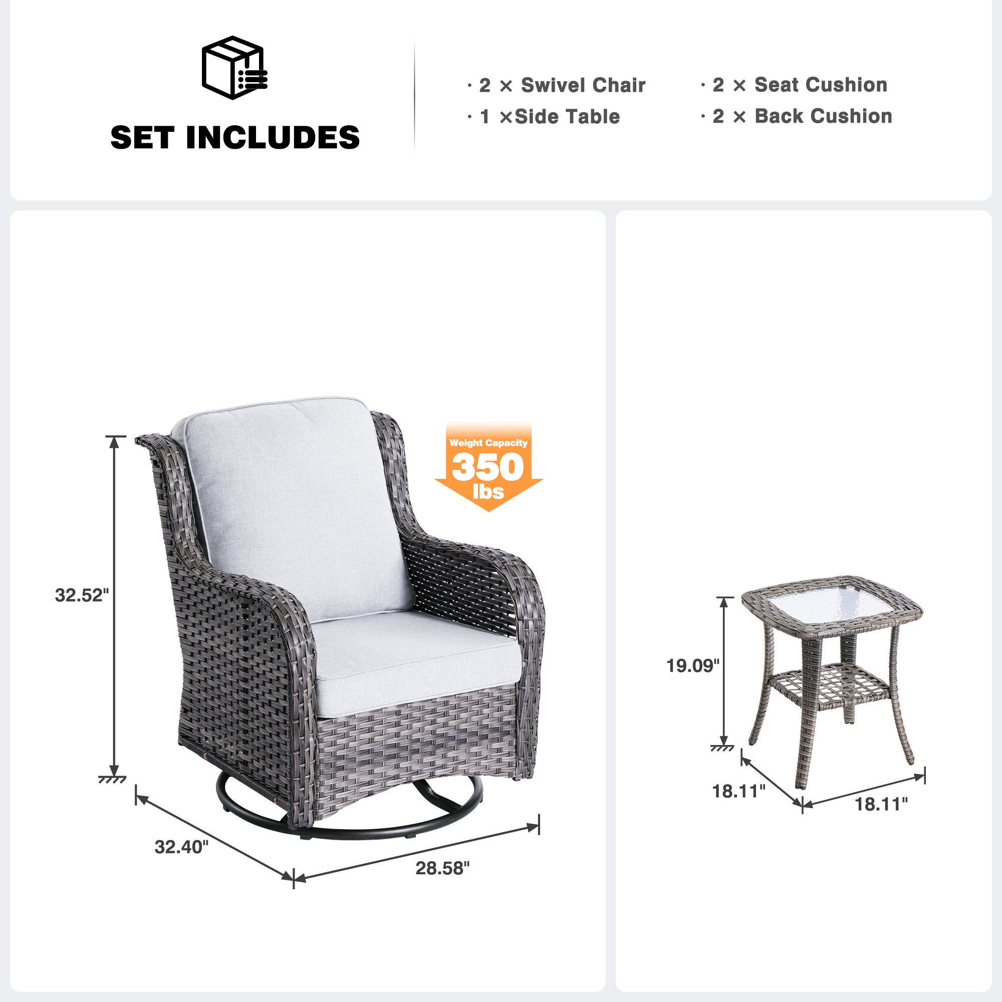 OVIOS Patio Furniture Set 3-Piece with Swivel Chairs and Side Table Kenard