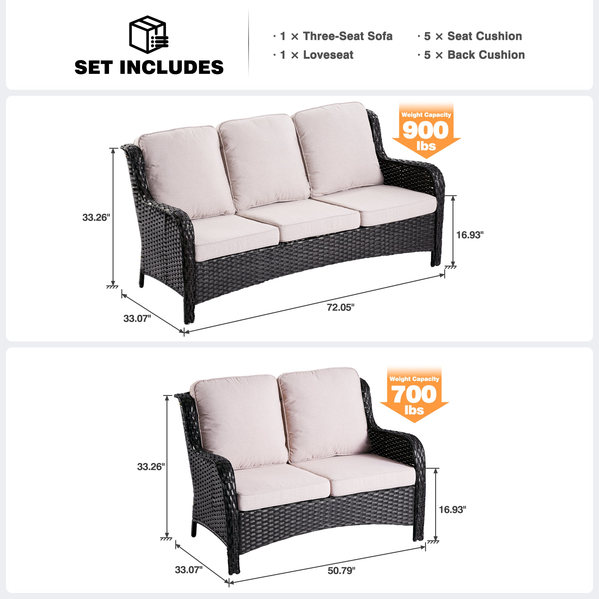 OVIOS Patio Kenard 2-Piece Conversation Set with Loveseat and Three-seat Couch