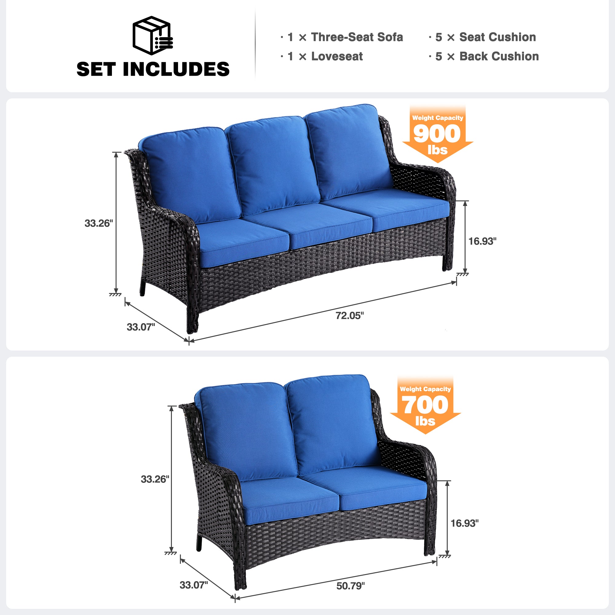 OVIOS Patio Kenard 2-Piece Conversation Set with Loveseat and Three-seat Couch