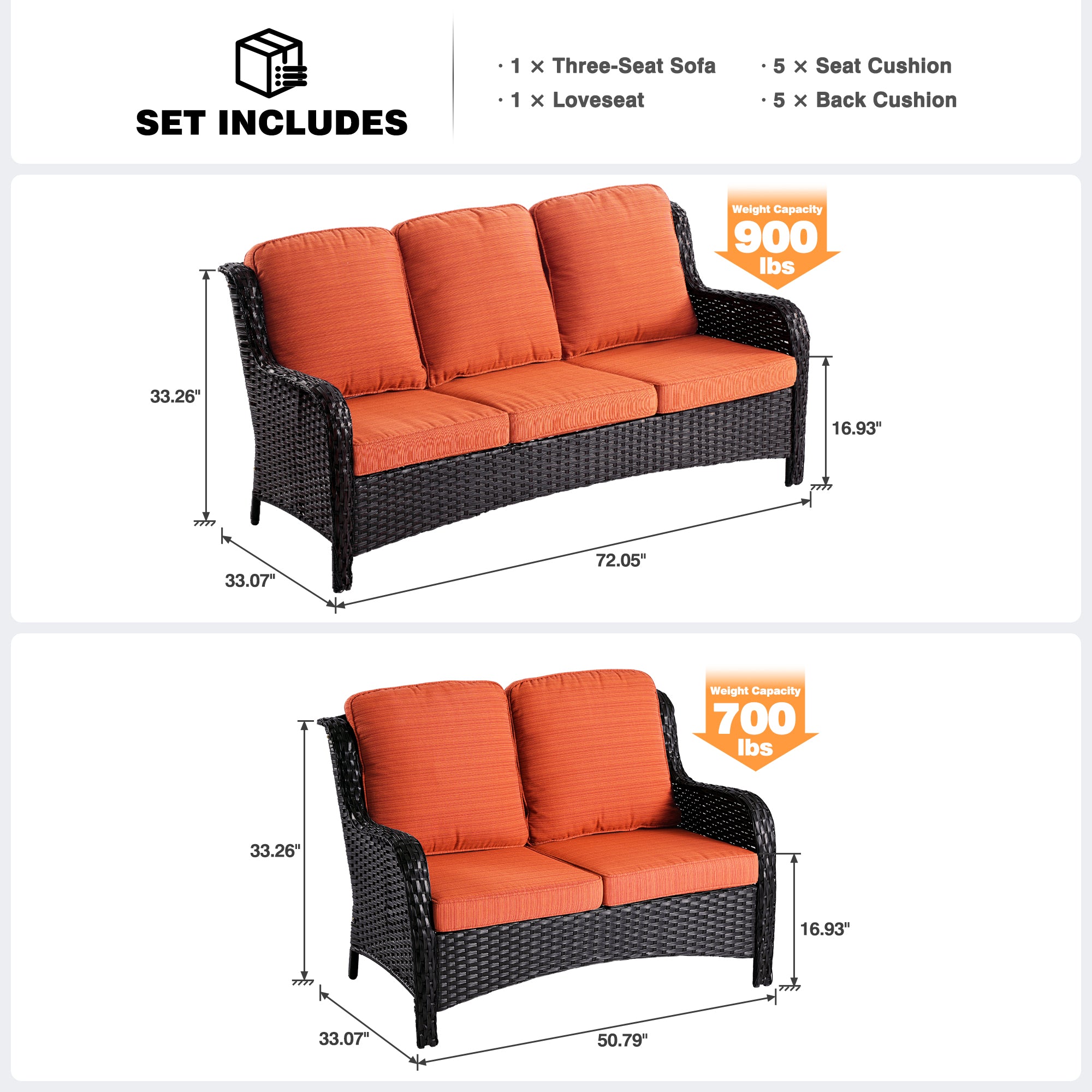 OVIOS Patio Kenard 2-Piece Conversation Set with Loveseat and Three-seat Couch