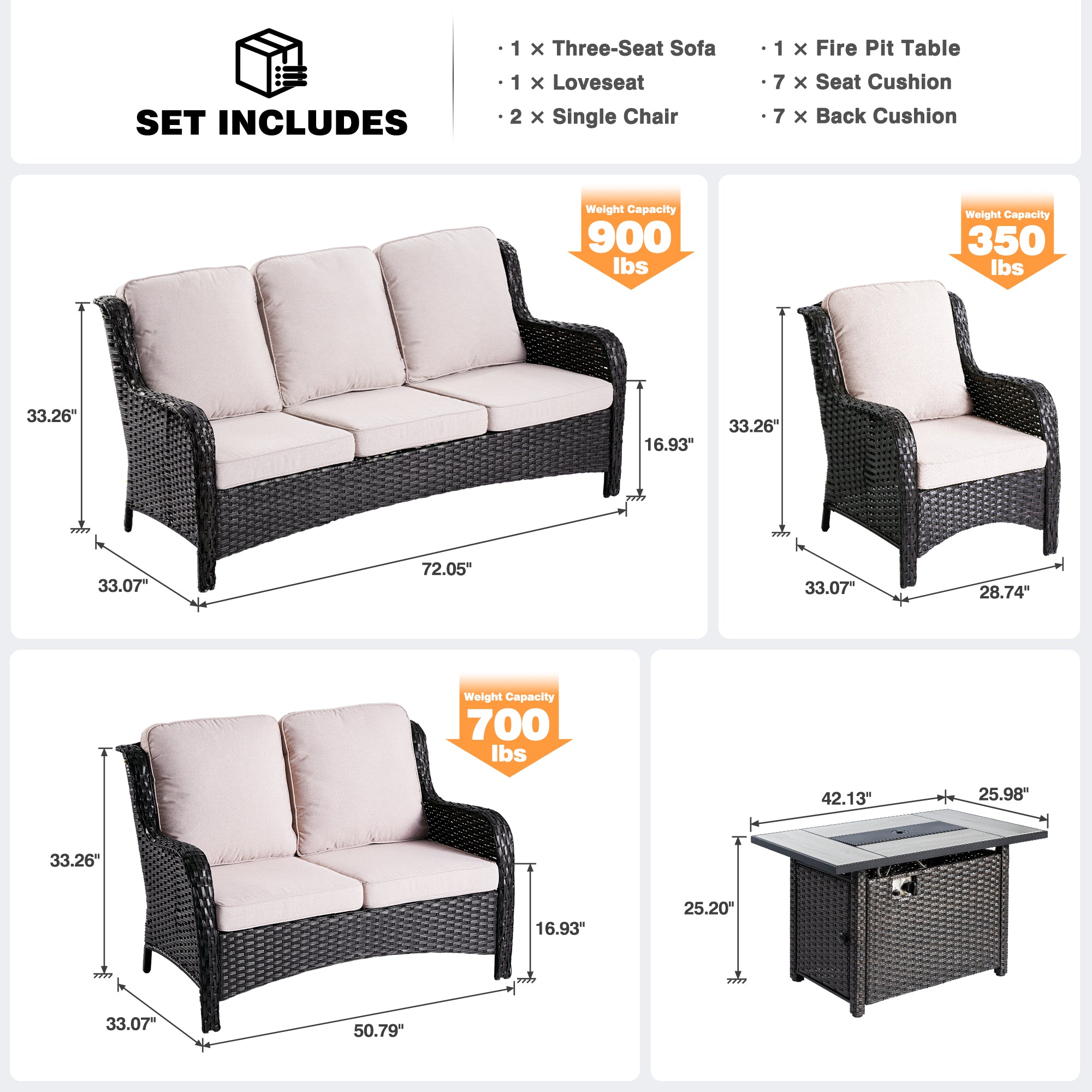 OVIOS Patio Kenard 5-Piece Conversation Set with 42'' Fire Pit Table and Loveseat