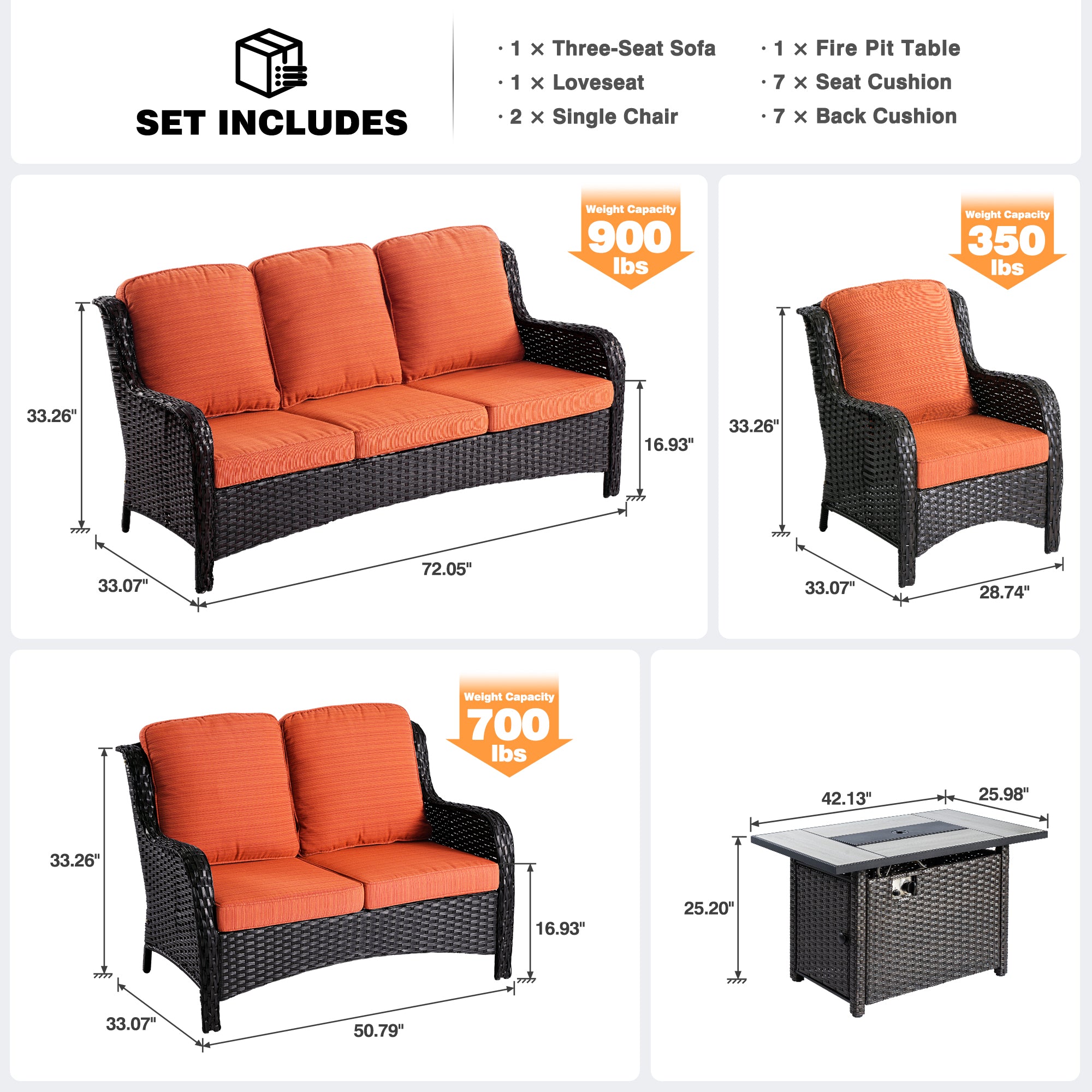 OVIOS Patio Kenard 5-Piece Conversation Set with 42'' Fire Pit Table and Loveseat