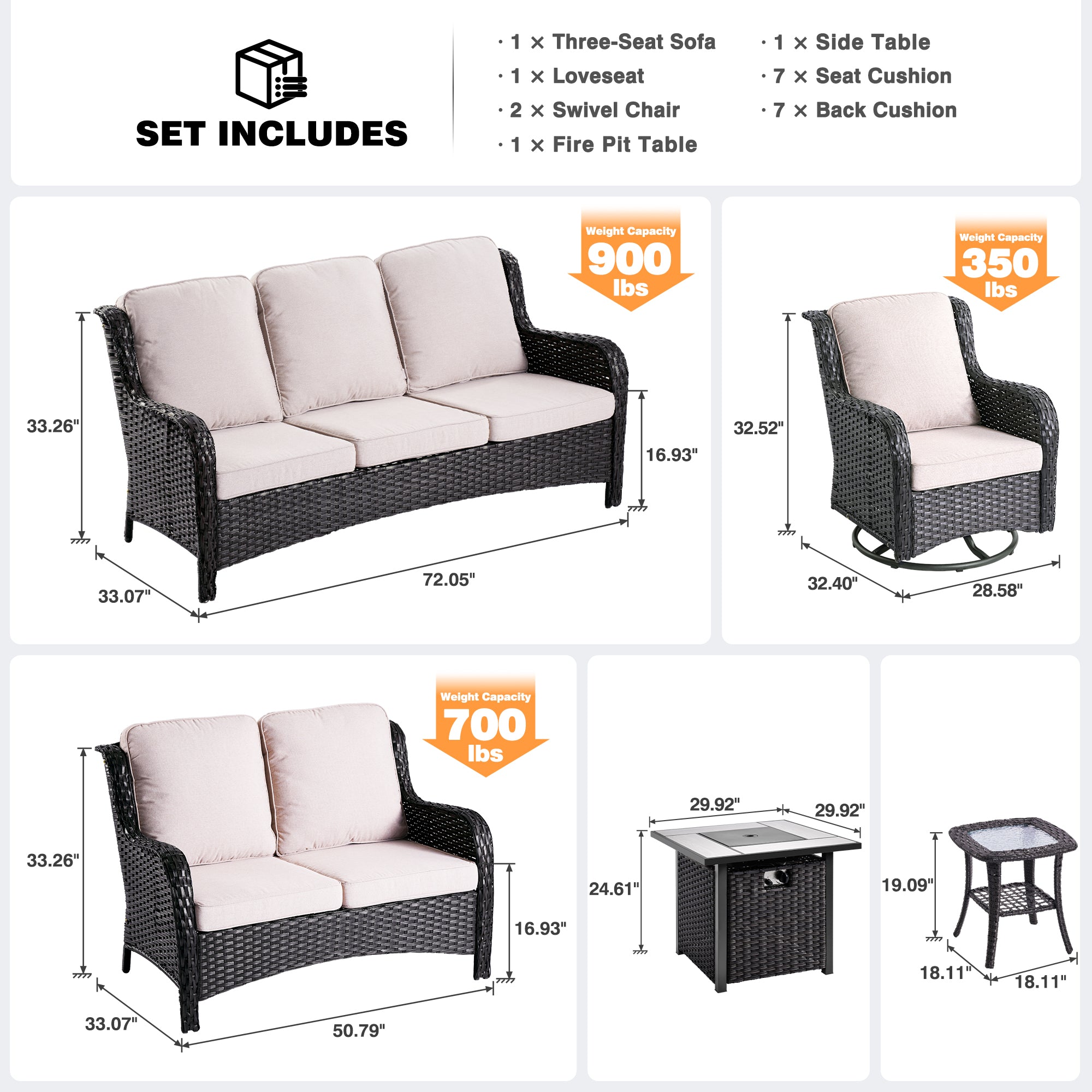 OVIOS Patio Kenard 6-Piece Conversation Set with 42'' Rectangle Propane Fire Pit Table and Rocking Chairs