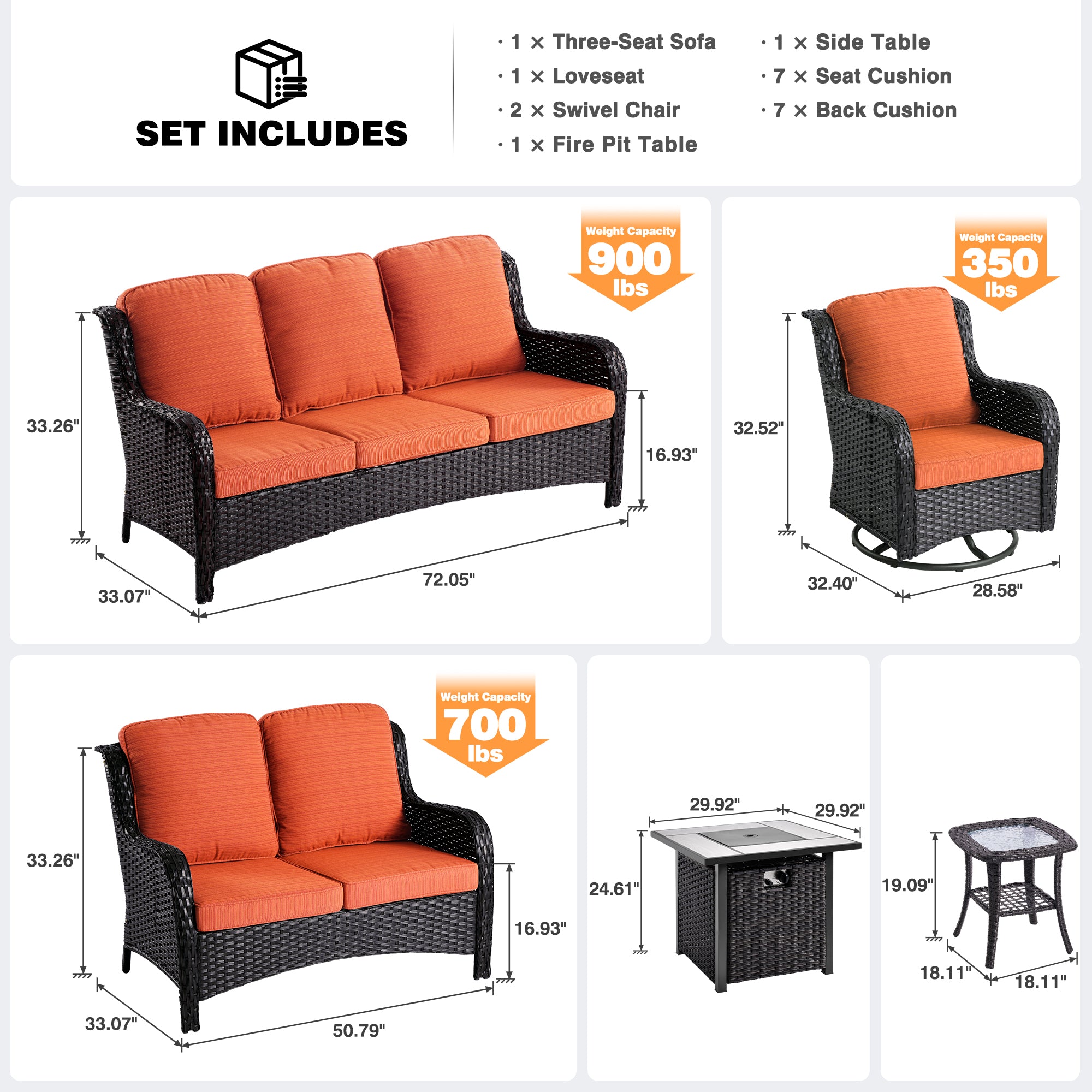 OVIOS Patio Kenard 6-Piece Conversation Set with 30'' Propane Fire Pit Table and Rocking Chairs